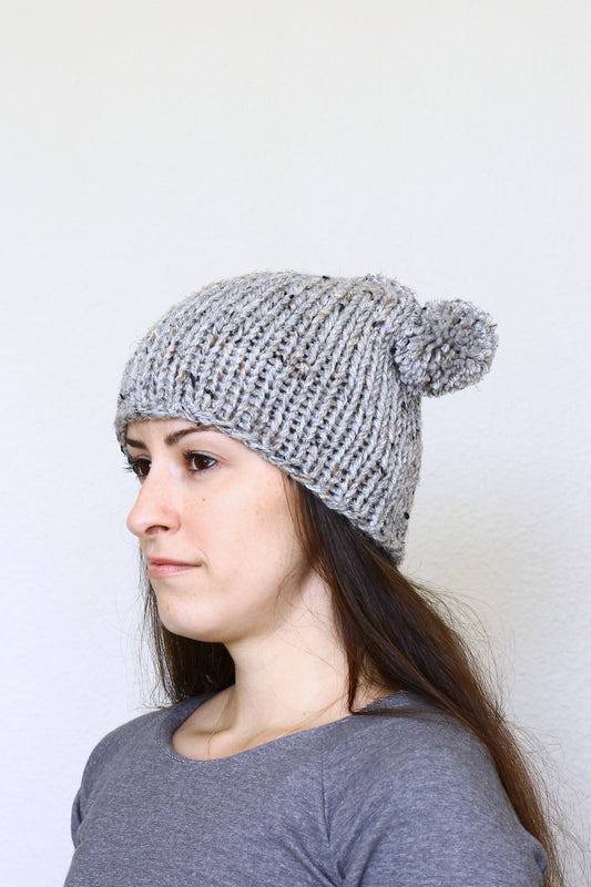 Knit hat with two poms, knit skull hat in silver grey color