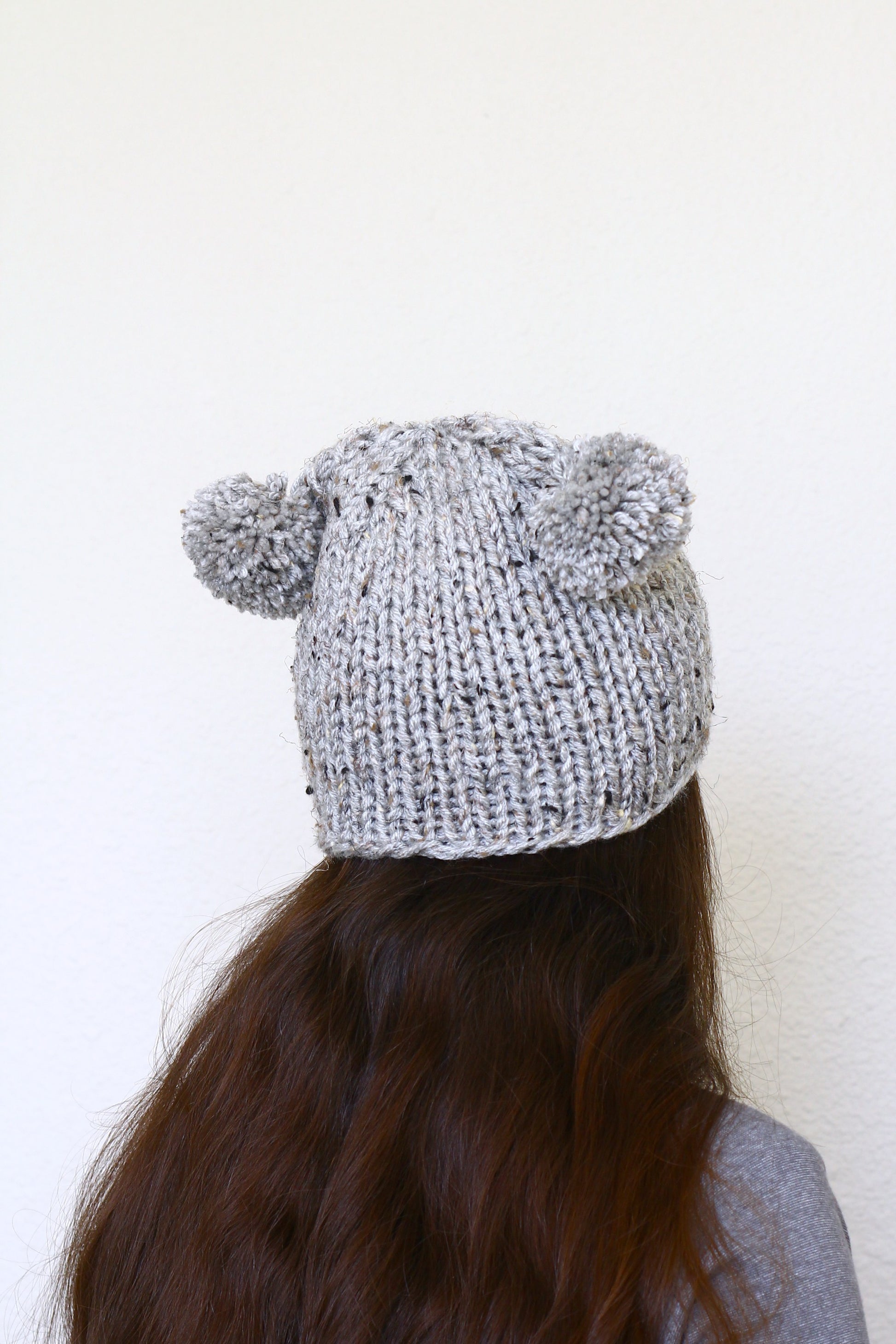 Knit hat with two poms, knit skull hat in silver grey color