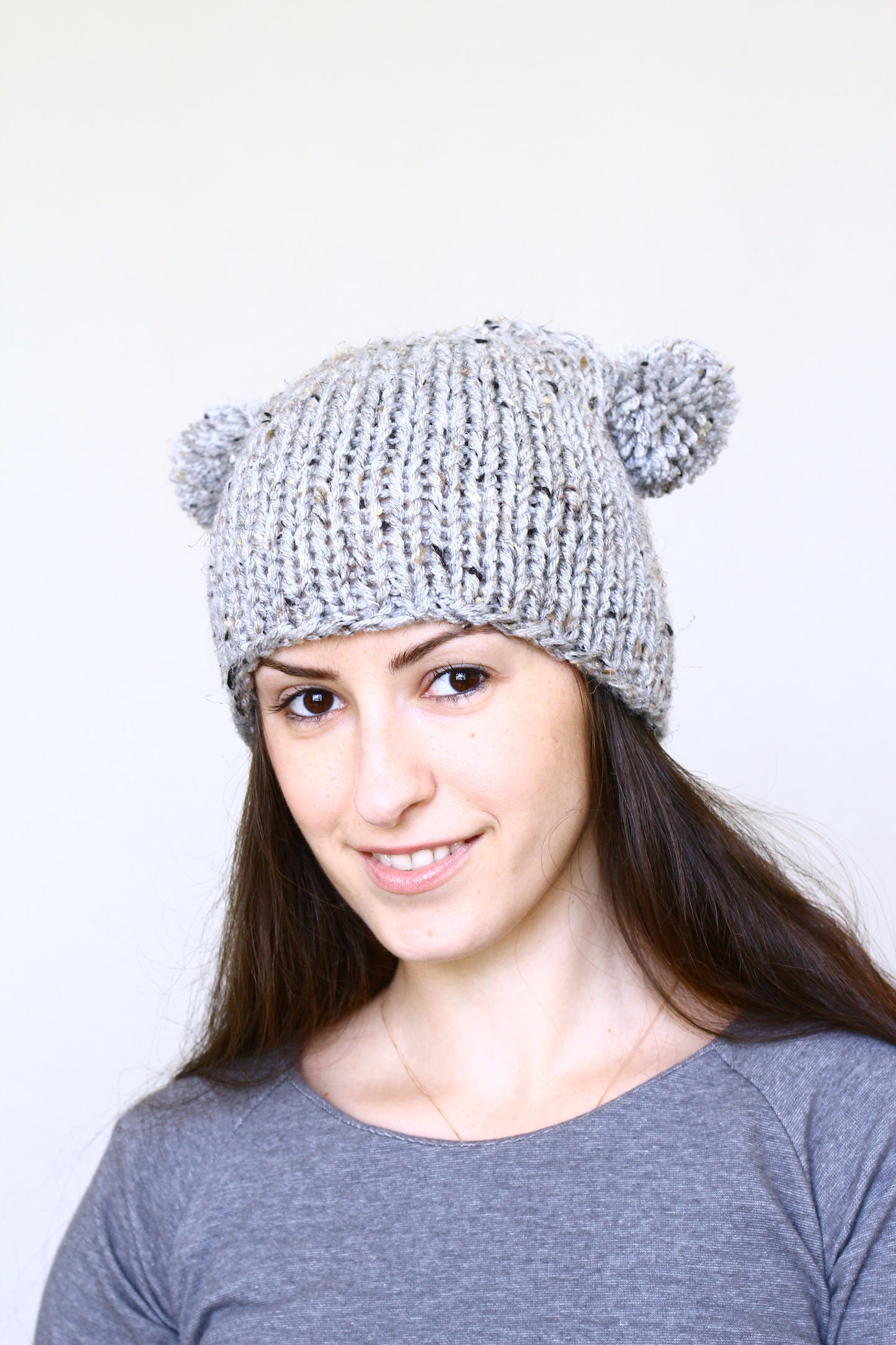 Knit hat with two poms, knit skull hat in silver grey color