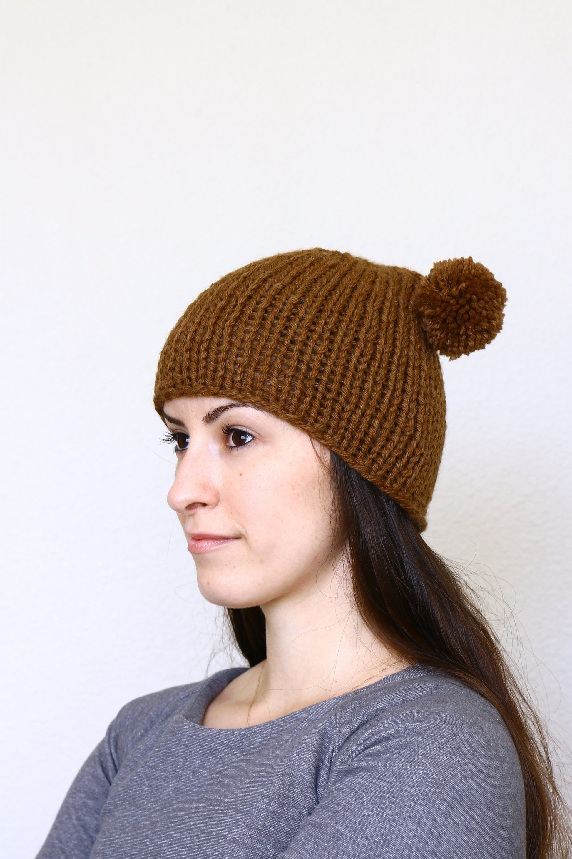 Knit hat with two poms, knit skull hat in chocolate brown color