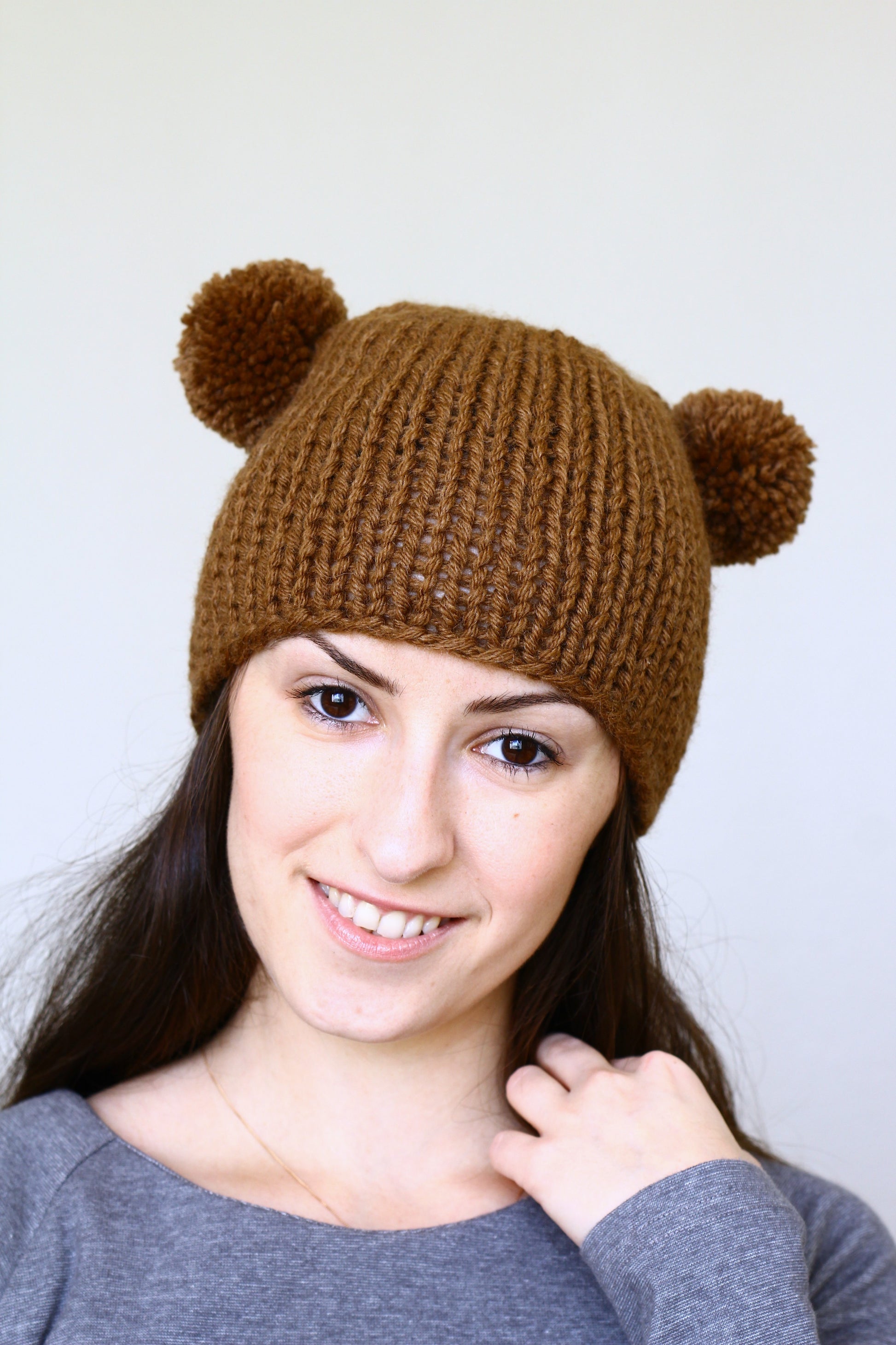 Knit hat with two poms, knit skull hat in chocolate brown color