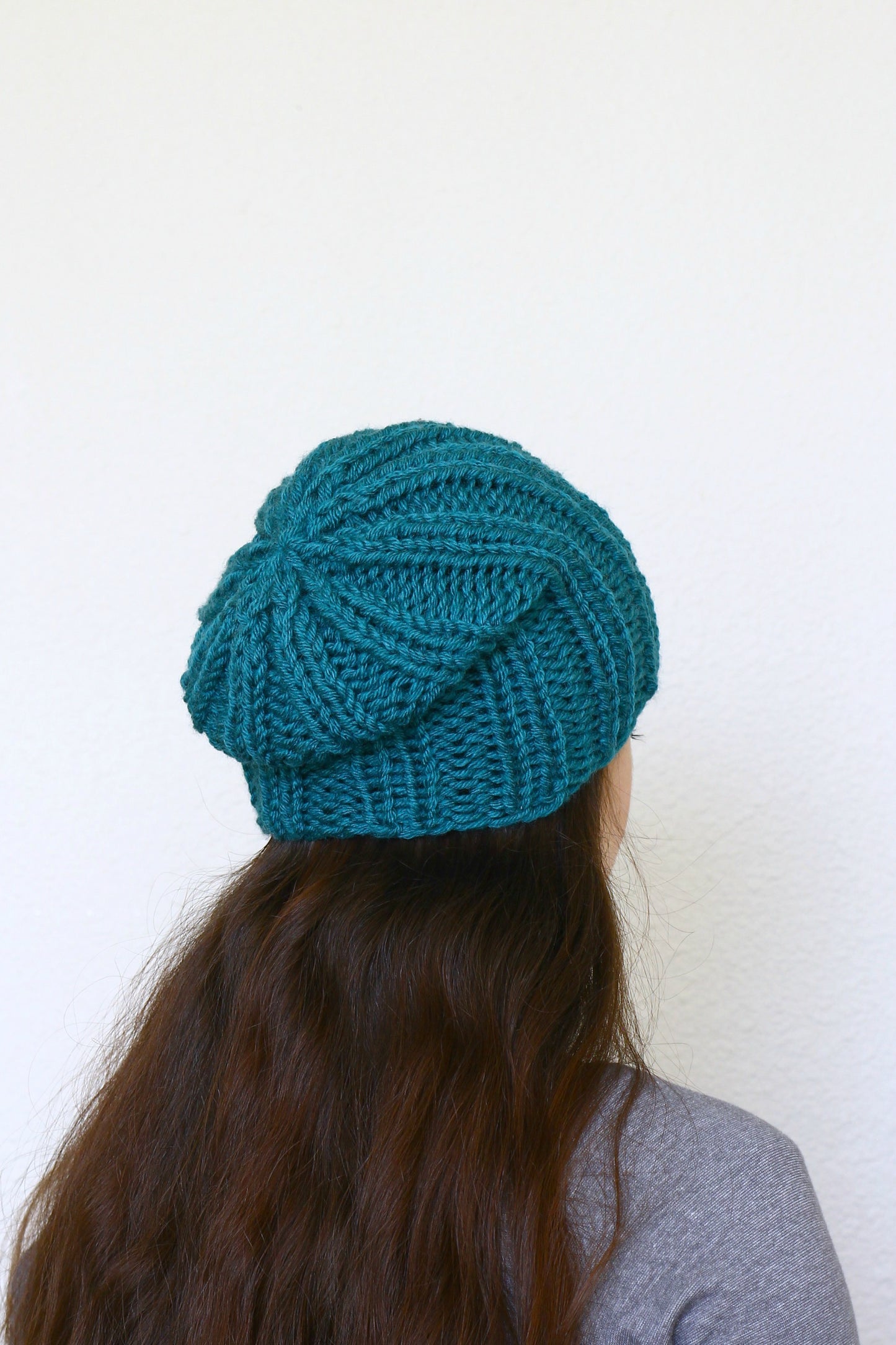 Knit beanie hat, slouchy hat in teal blue color