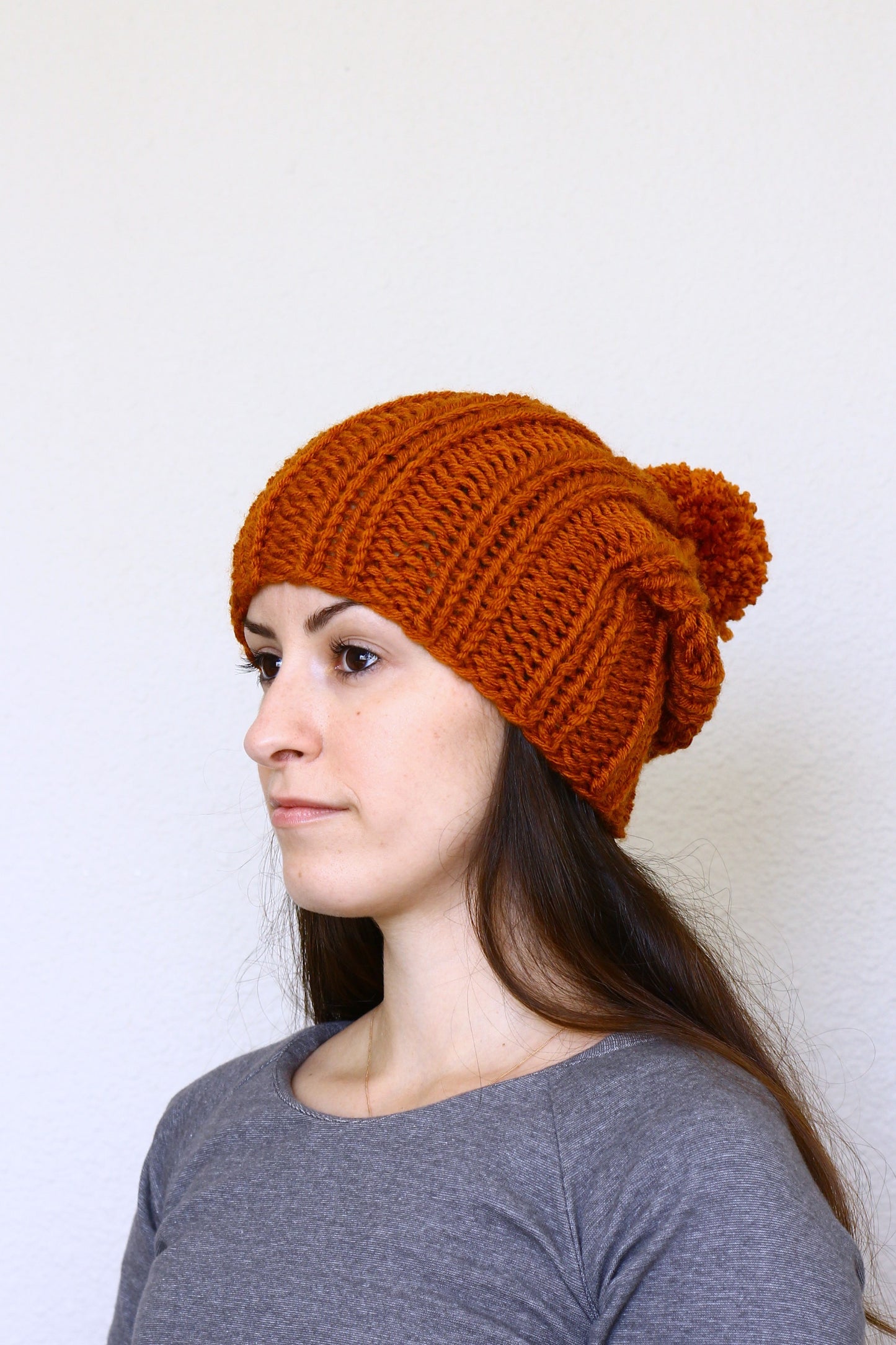 Knit beanie hat, slouchy hat in rust orange color