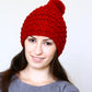 Knit beanie hat, slouchy hat with pom in cranberry red color