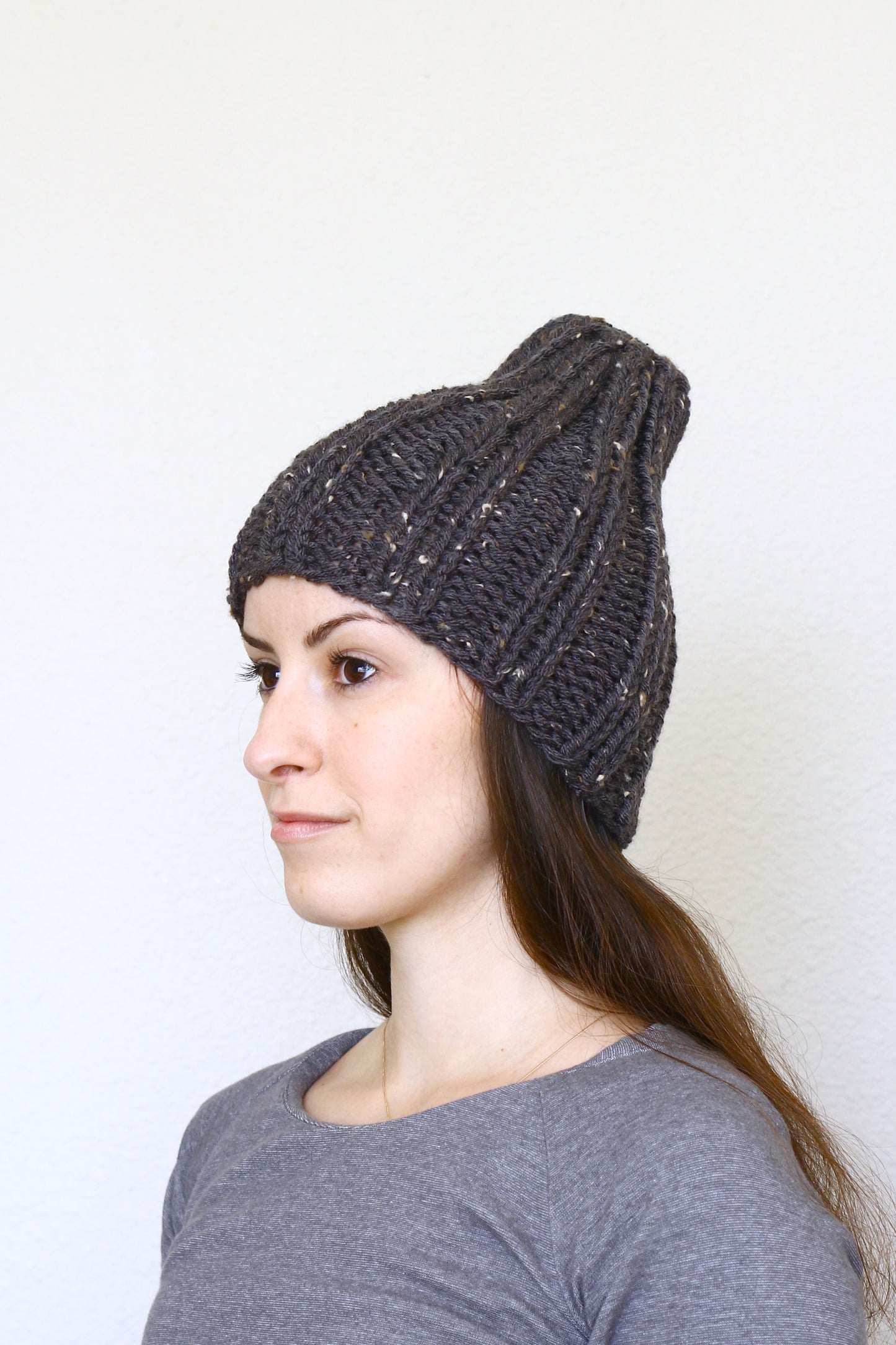 Knit beanie hat, ski hat in dark grey color