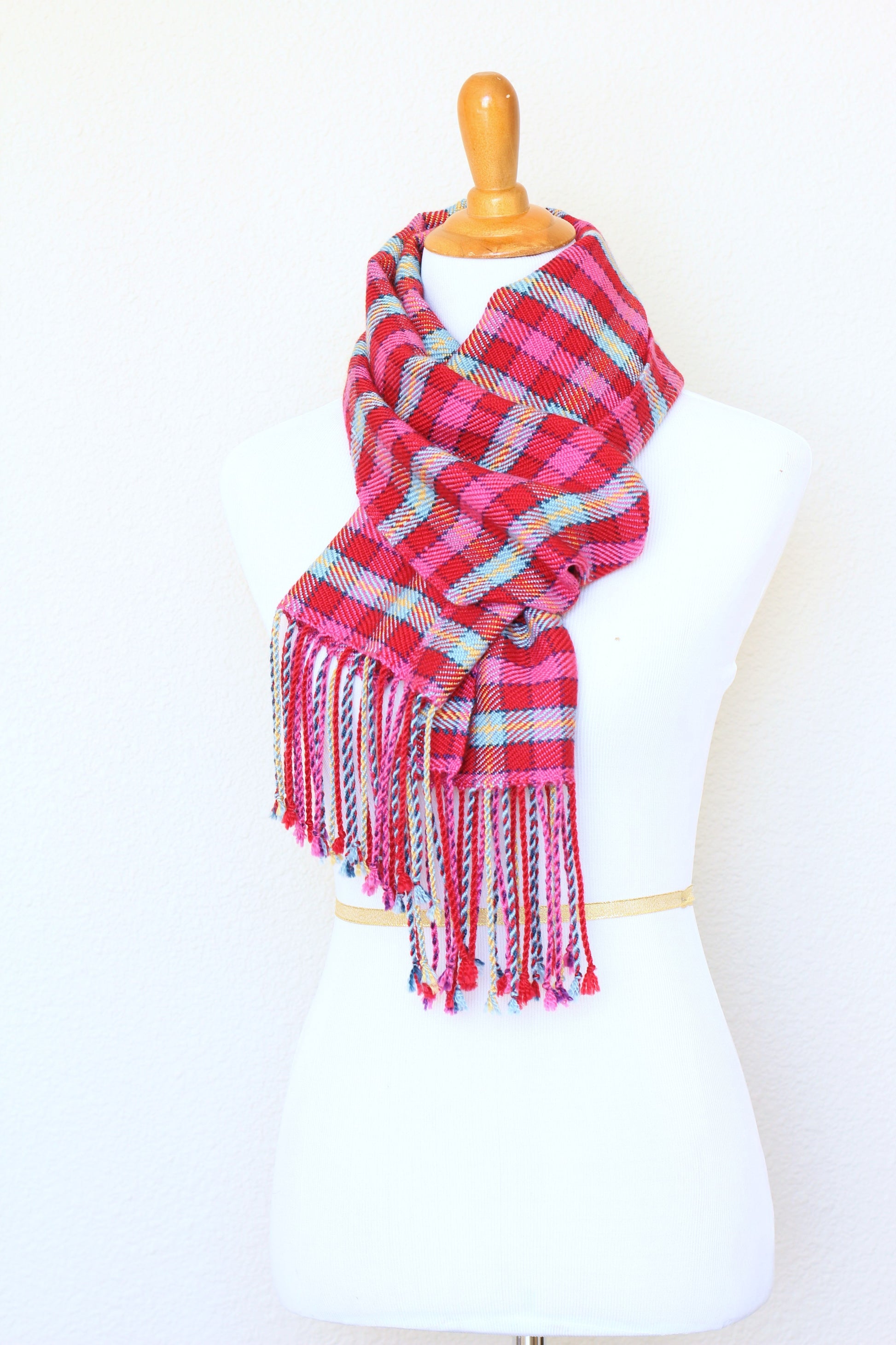 Woven tartan scarf in pink fuchsia and blue colors, long scarf with fringe