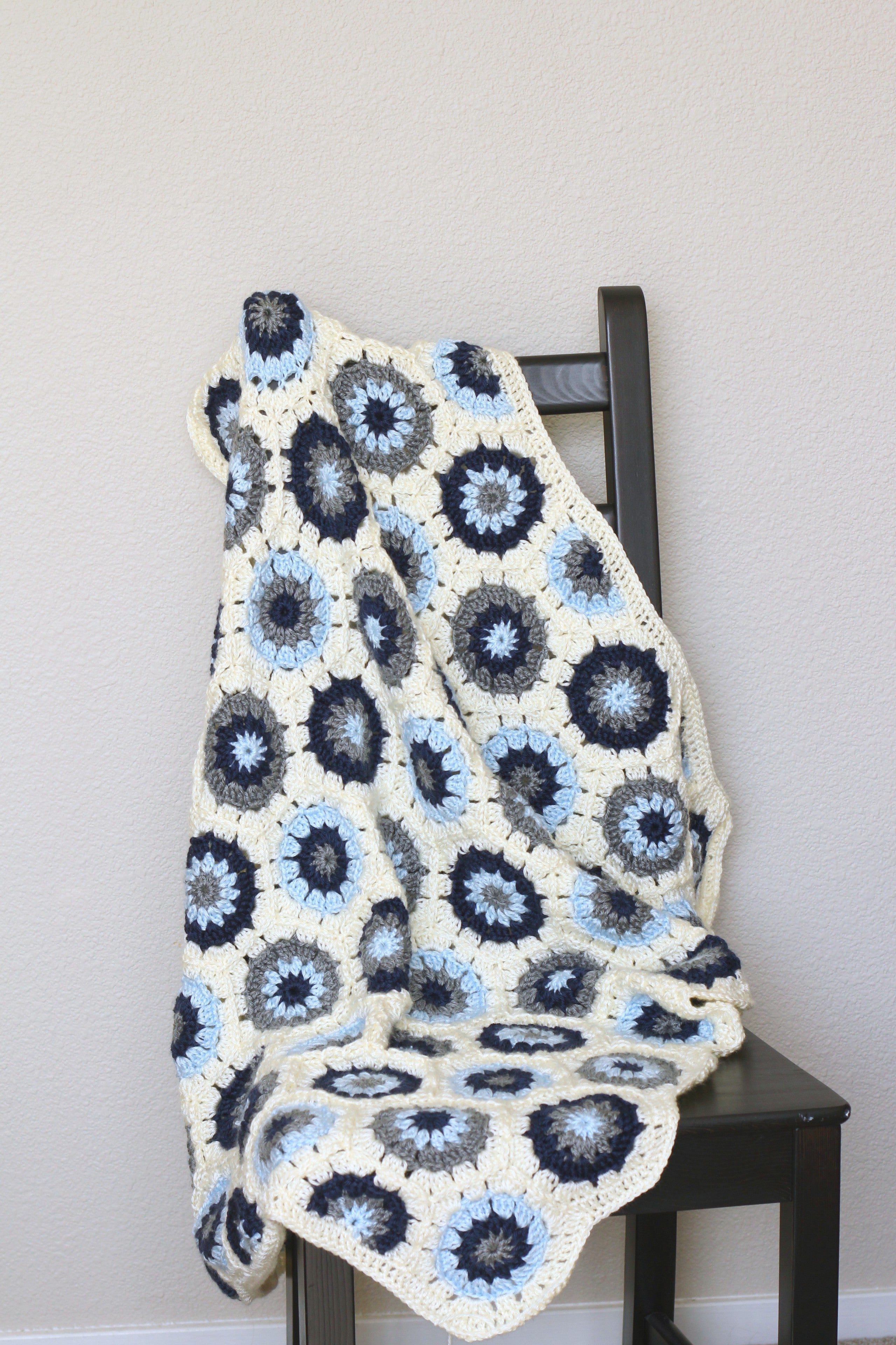 Blue white and discount grey crochet blanket