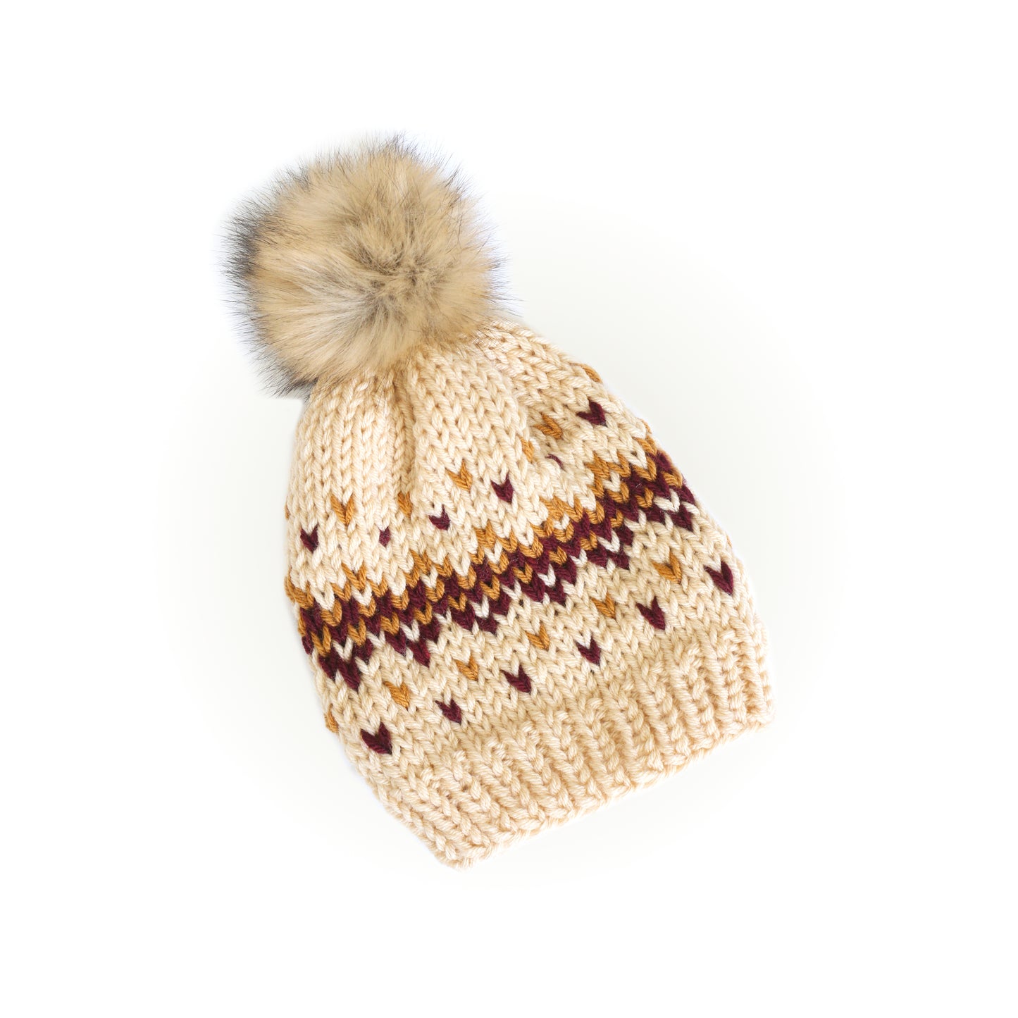 Knit Beanie Hat with Faux Fur Pom - Fair Isle Beige Hat