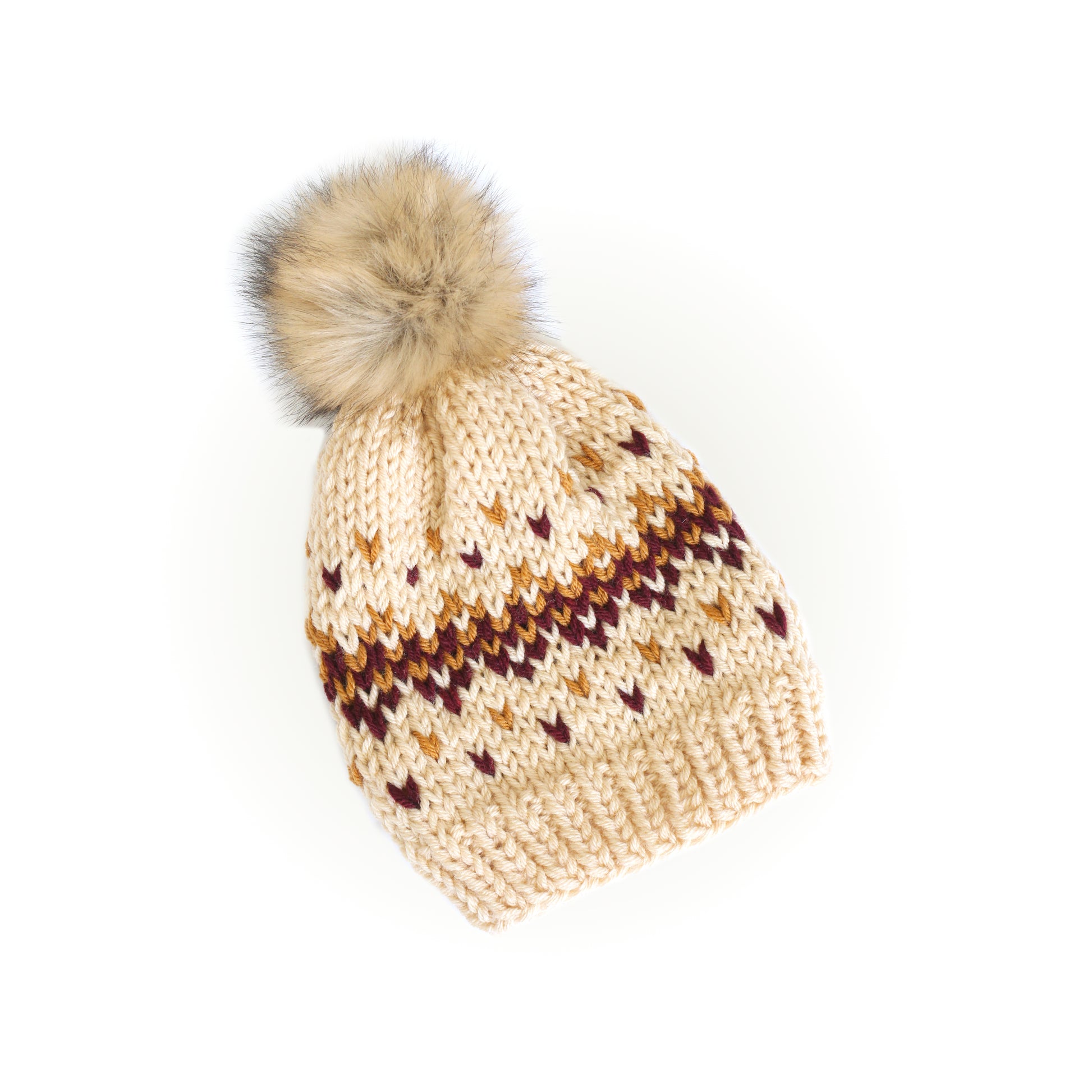 Knit Beanie Hat with Faux Fur Pom - Fair Isle Taupe Brown Hat