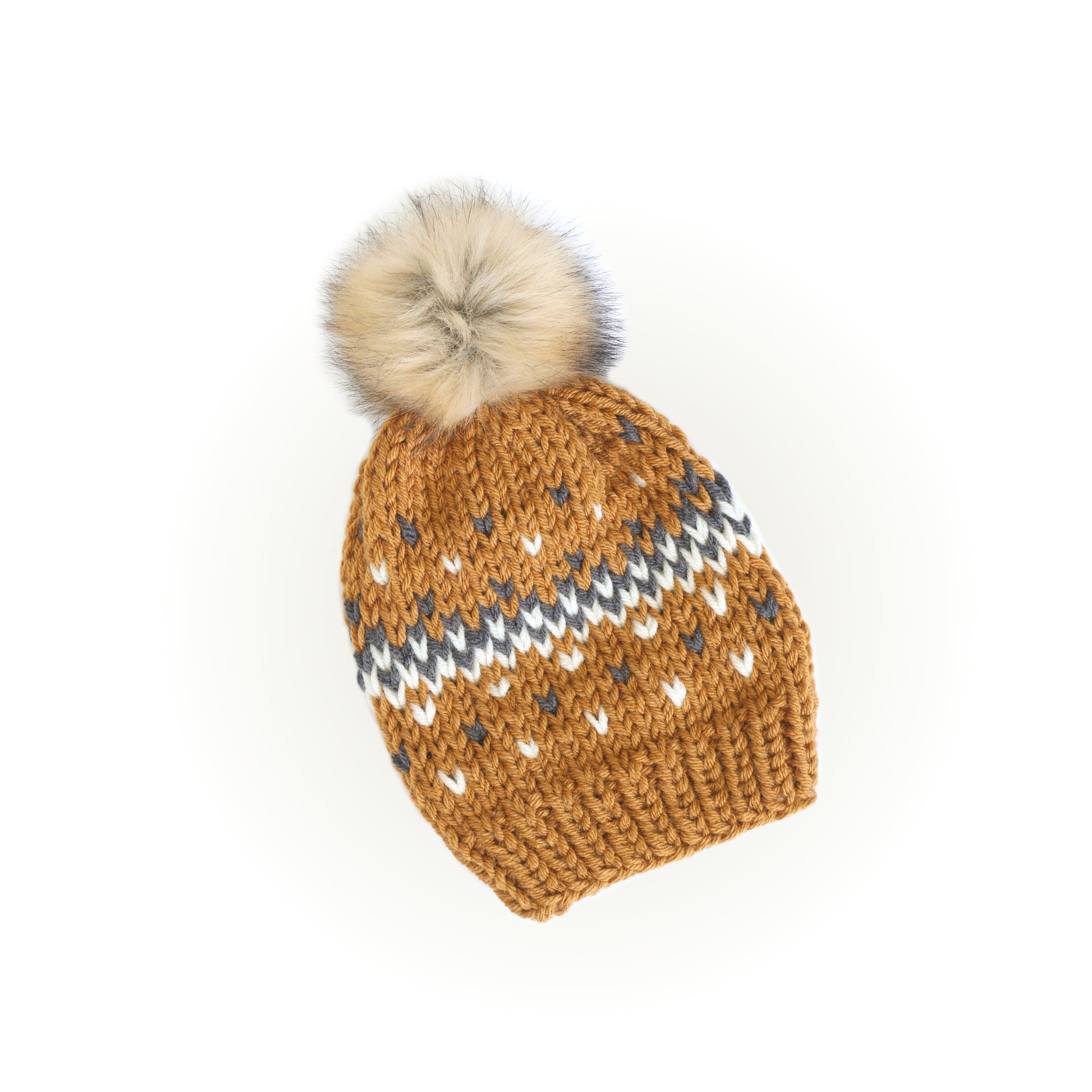 Knit Beanie Hat with Faux Fur Pom - Fair Isle Honey Mustard Hat