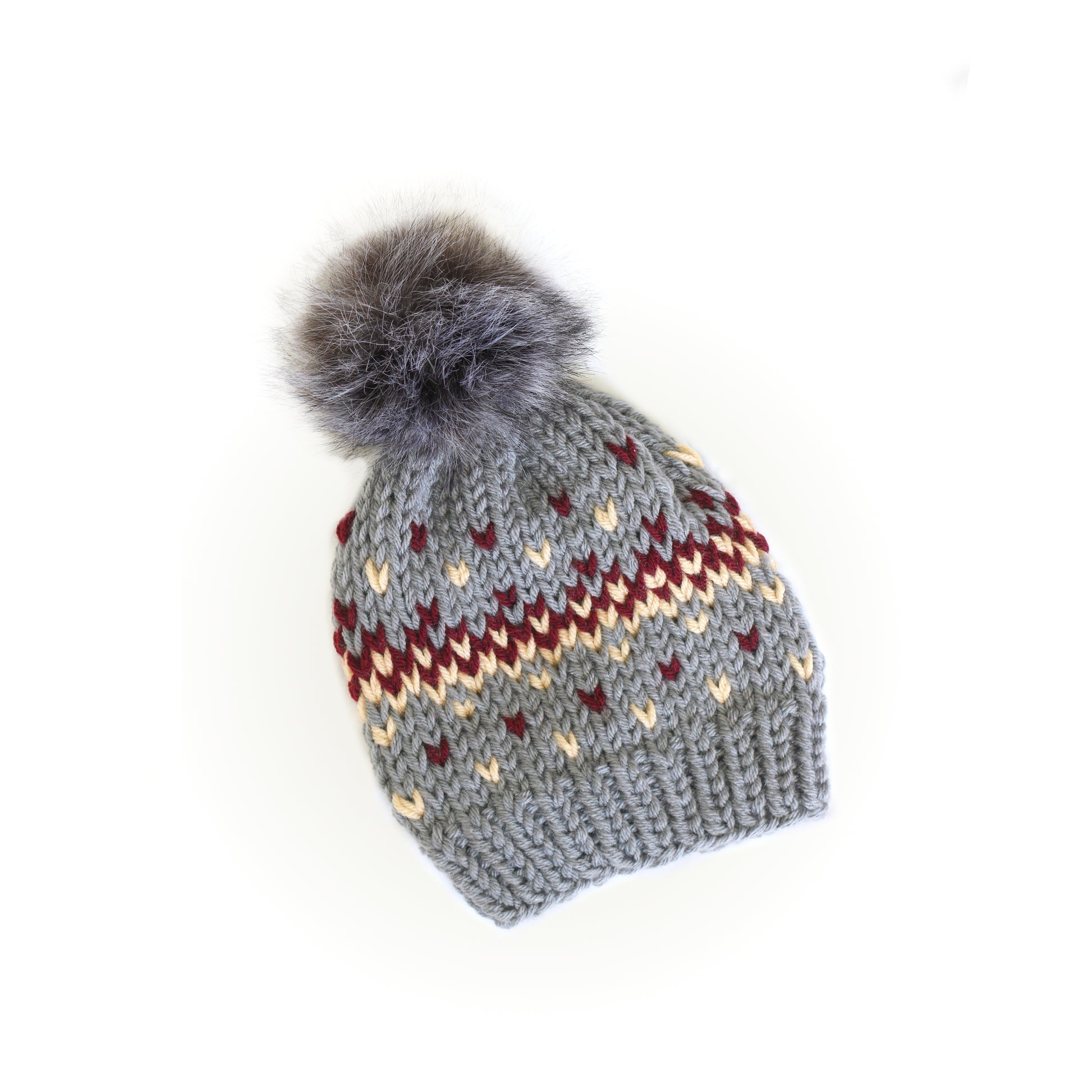 Knit Beanie Hat with Faux Fur Pom - Fair Isle Taupe Brown Hat