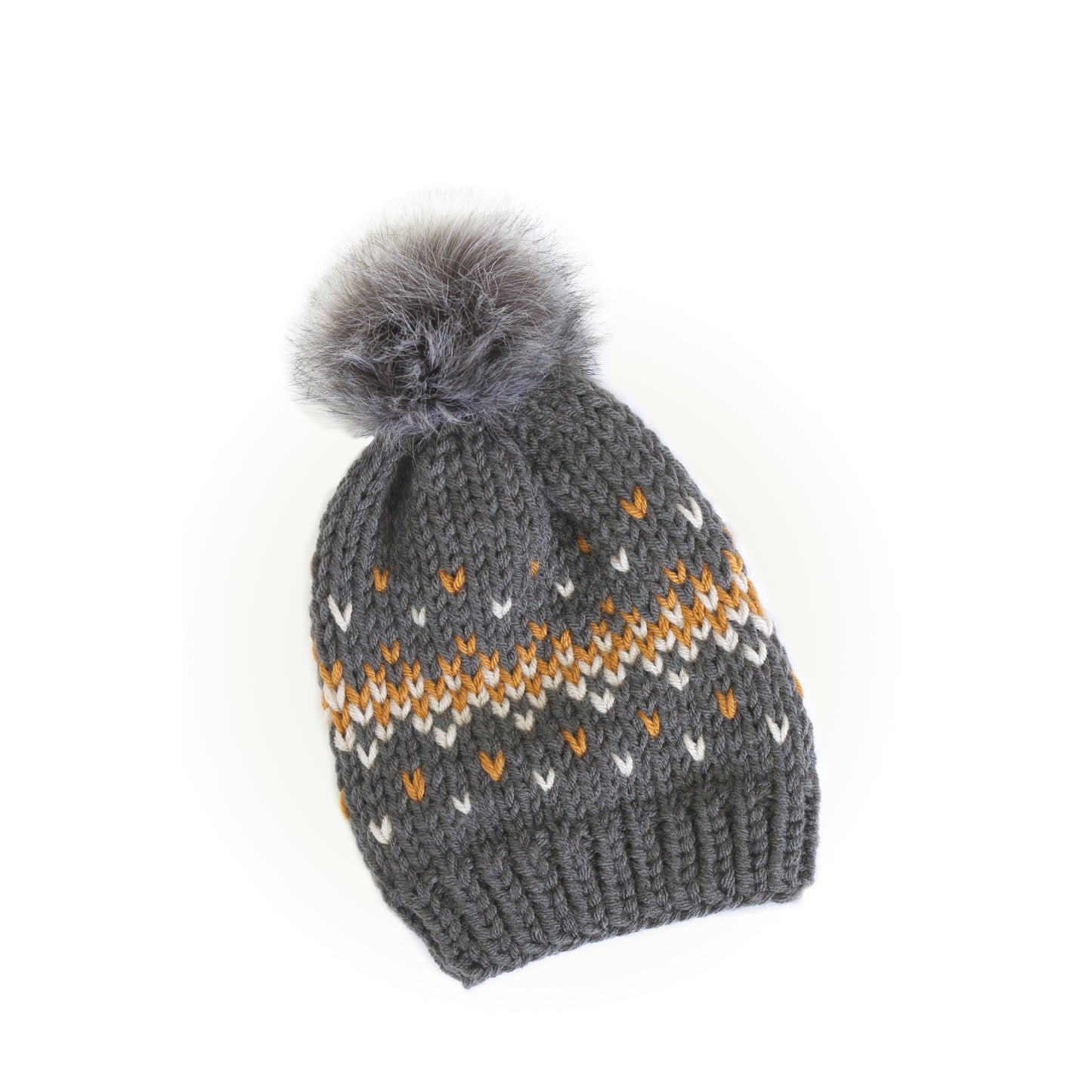 Knit Beanie Hat with Faux Fur Pom - Fair Isle Light Grey Hat