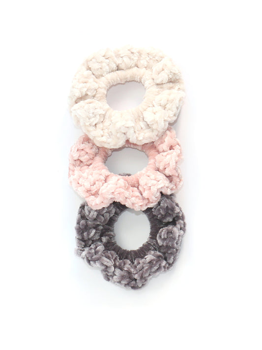 Crochet Velvet Scrunchie, Messy Bun Scrunchies - Set of 3 Scrunchies, Crochet Hair Band