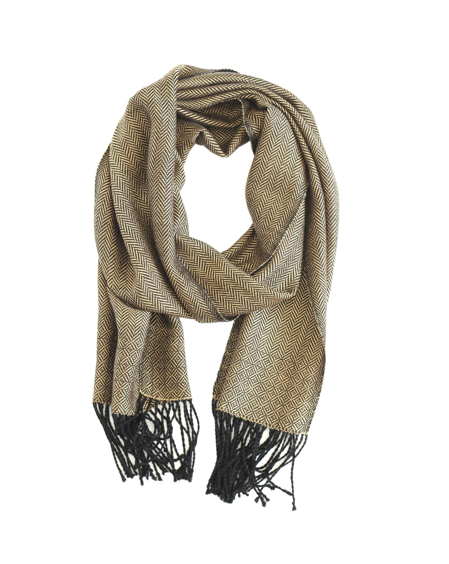 Woven scarf in gold color with twill pattern, long scarf with fringe