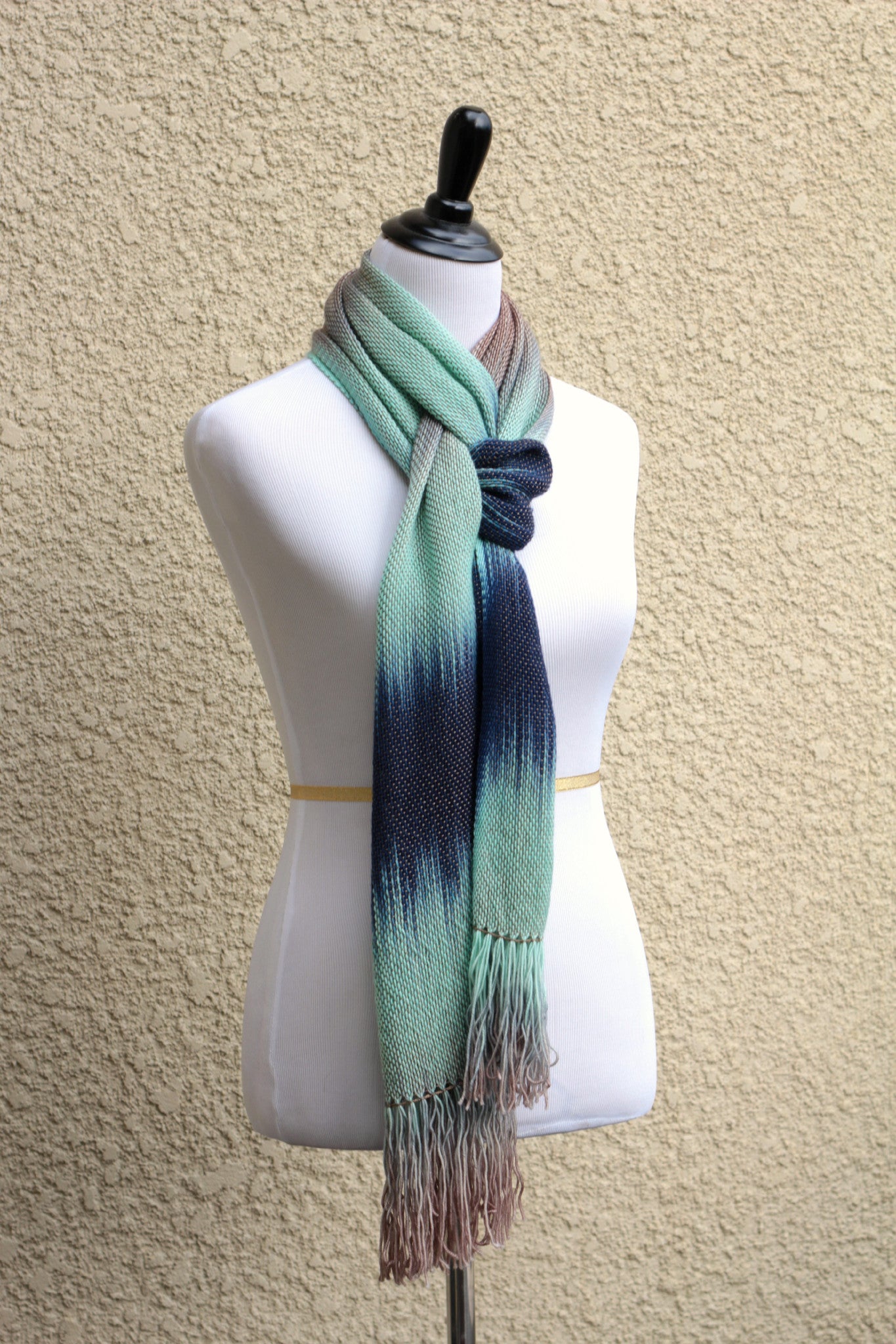 Woven scarf in mint green, blue and beige colors, gift for her