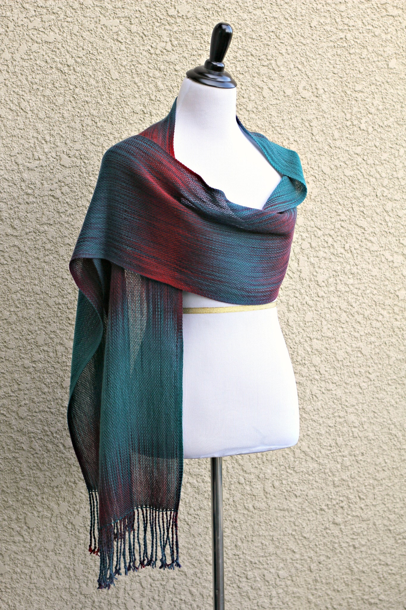 Woven scarf in dark teal, burgundy and red colors, gift for her