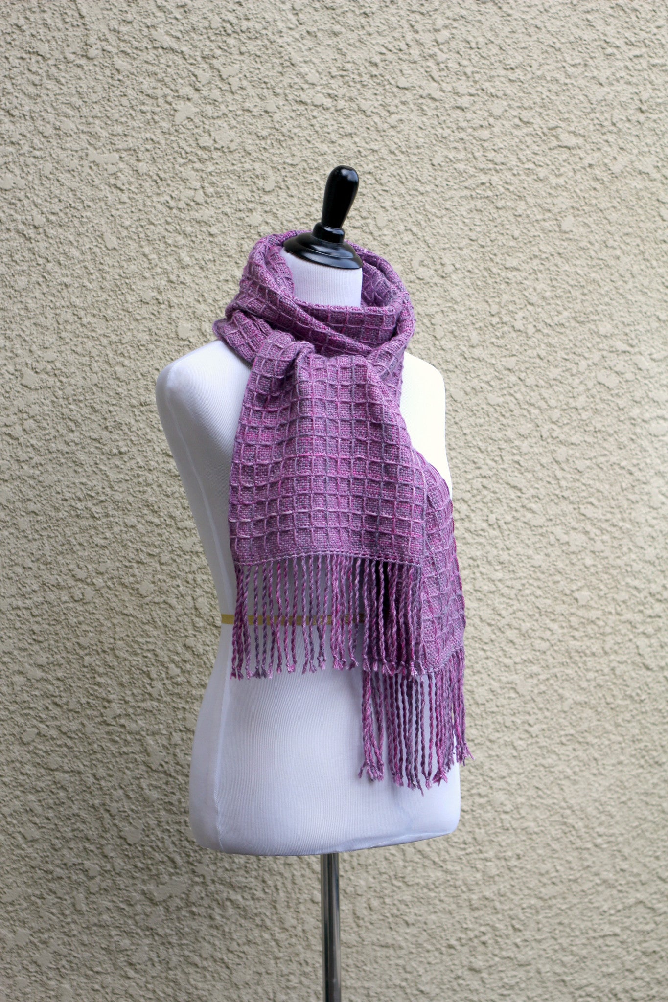 Hand woven scarf in lilac violet colors with waffle pattern