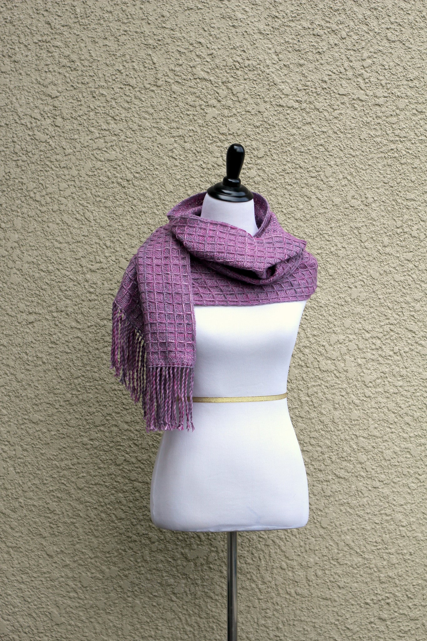 Hand woven scarf in lilac violet colors with waffle pattern