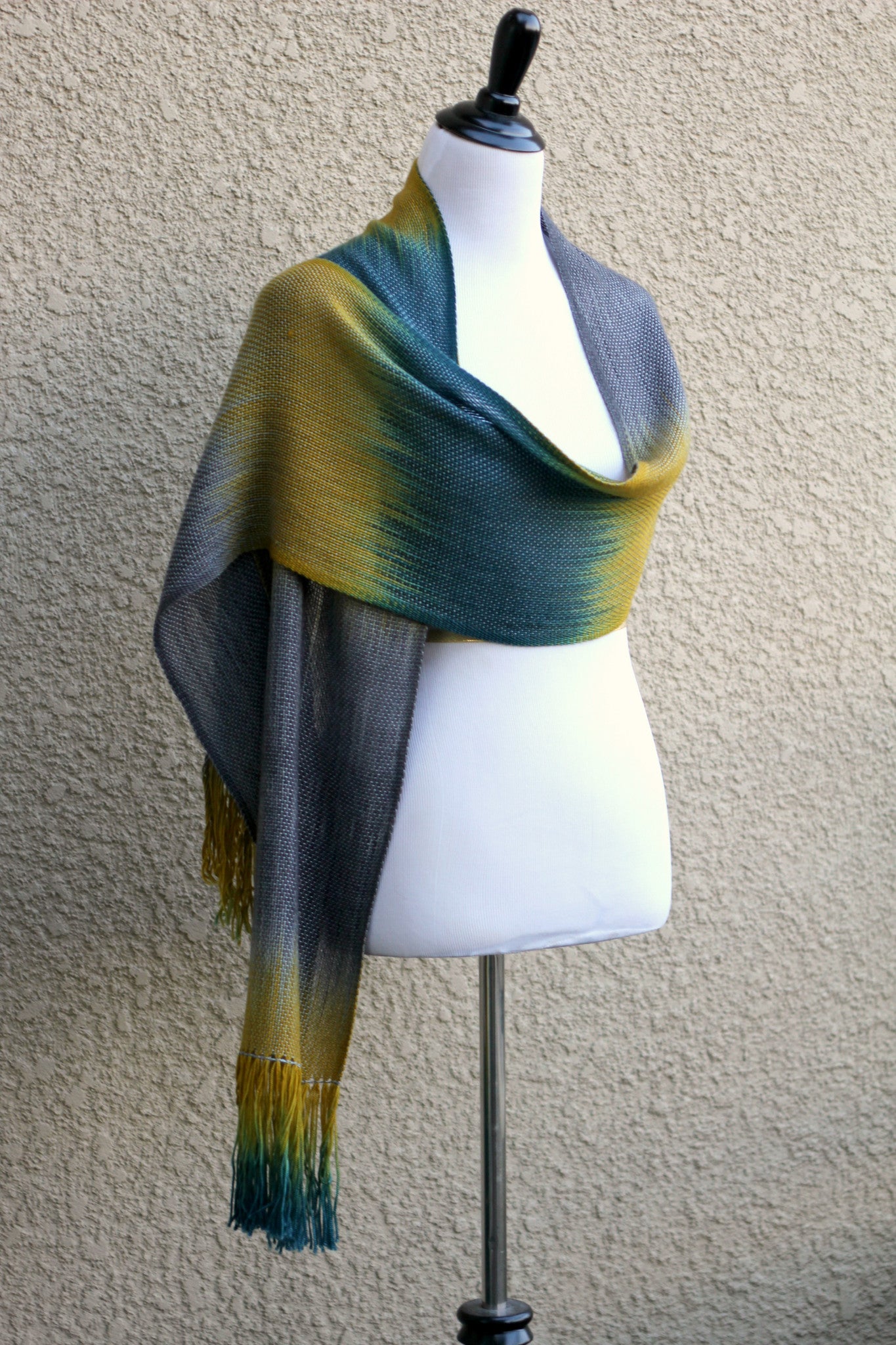 Woven dark teal mustard and grey scarf