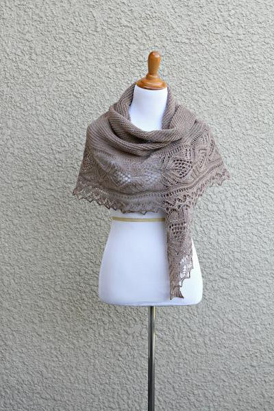 Knit shawl with laced border in grey color