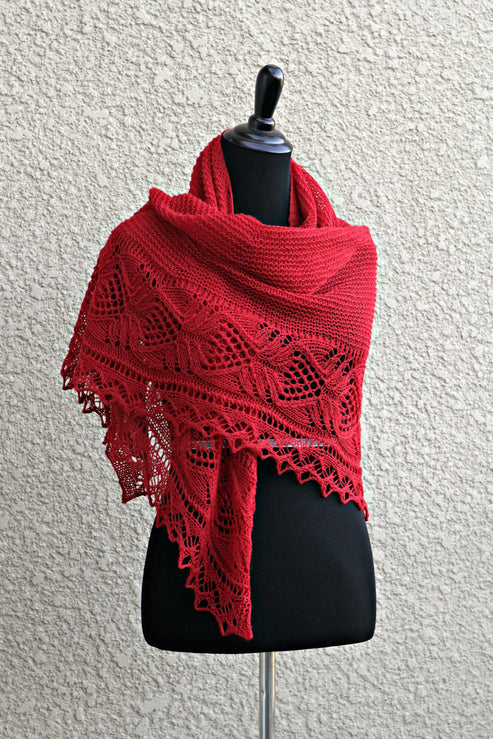 Knit shawl with laced border in red color – KGThreads