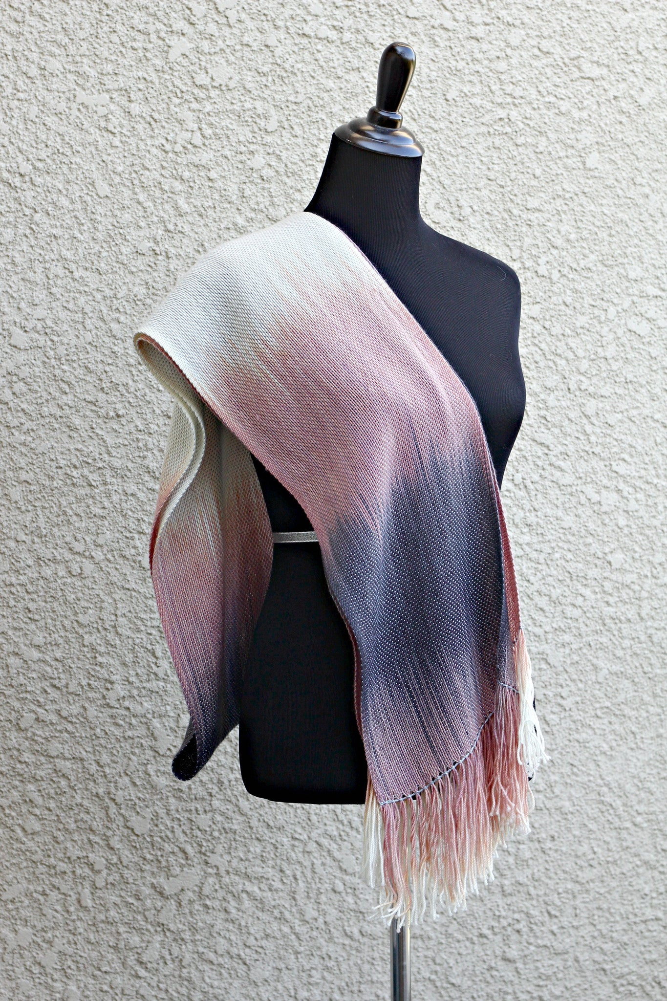 Hand woven long scarf gradient color pink cream dark grey blanket scarf with fringe