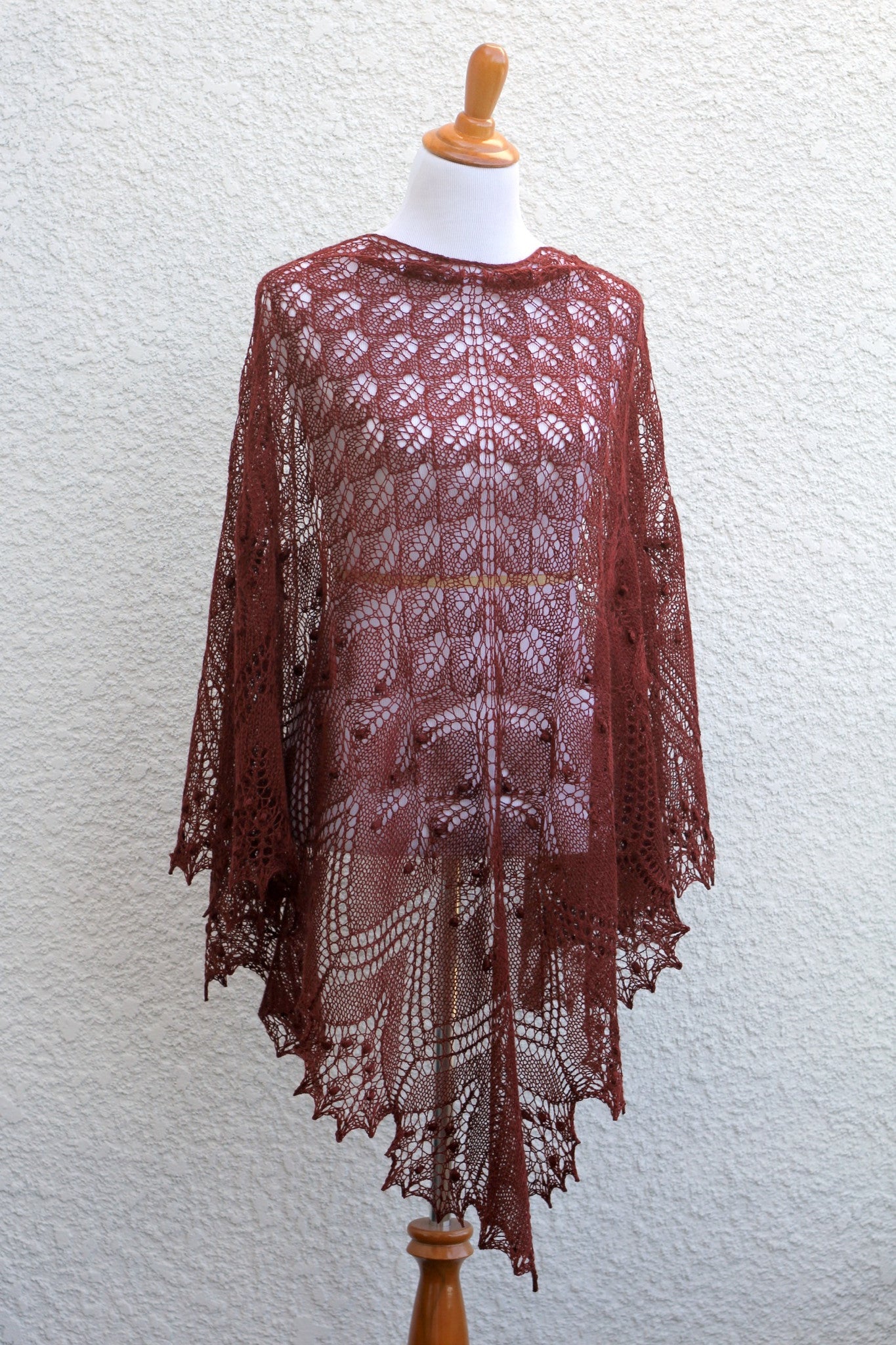 Knit lace shawl in brown coffee color with nupps