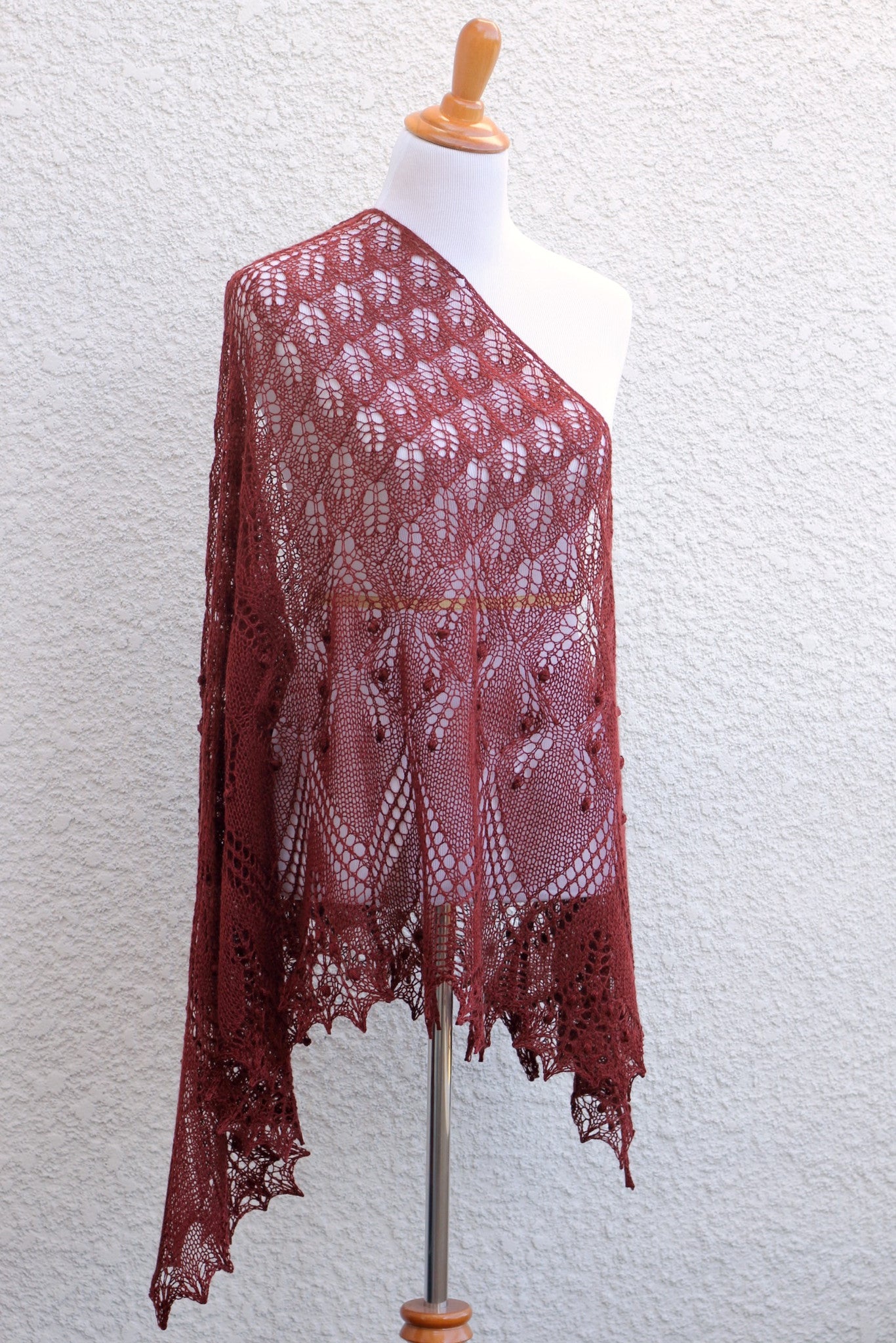 Knit lace shawl in brown coffee color with nupps