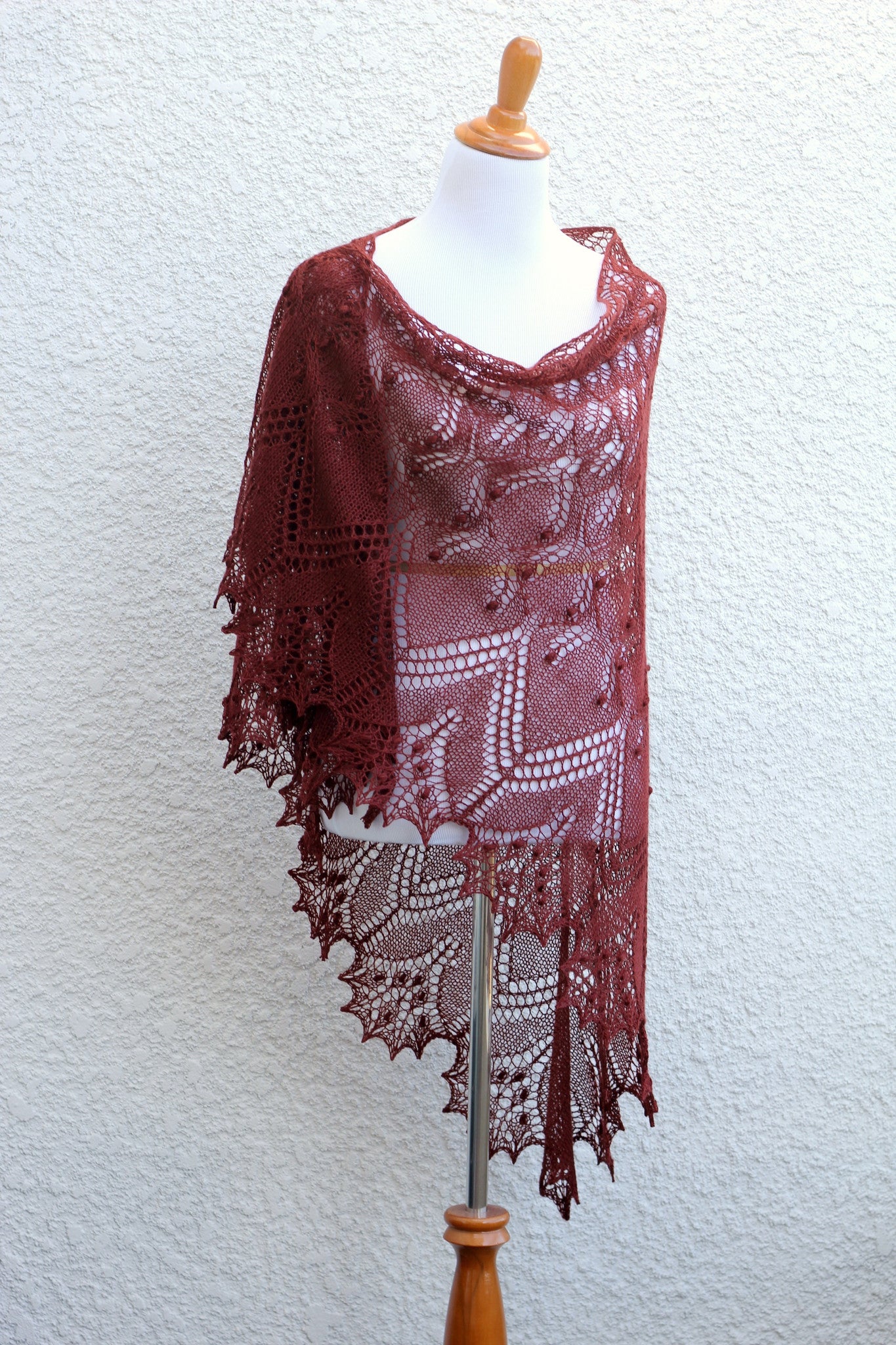 Knit lace shawl in brown coffee color with nupps