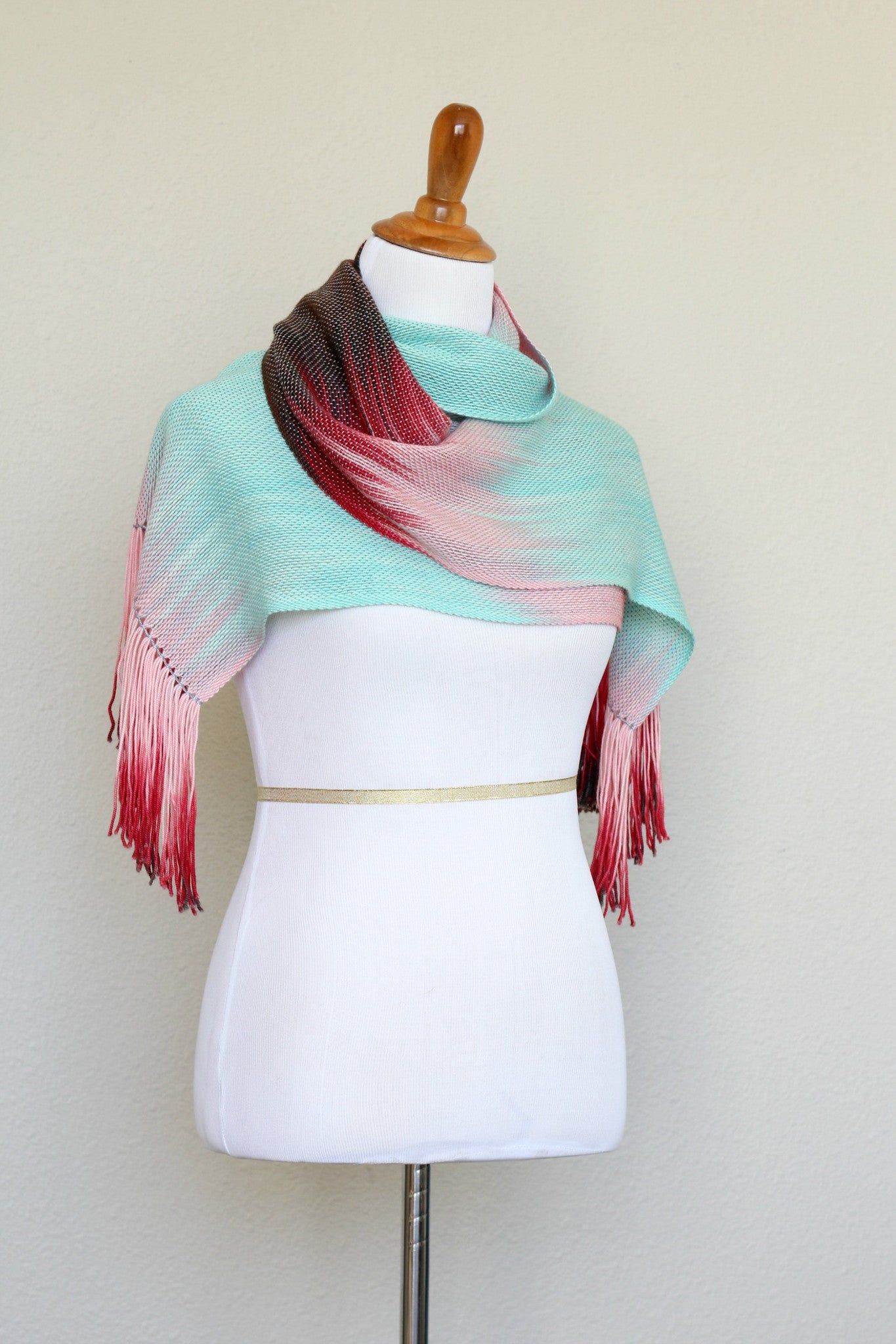 Woven scarf in pink, mint and red colors, gift for her