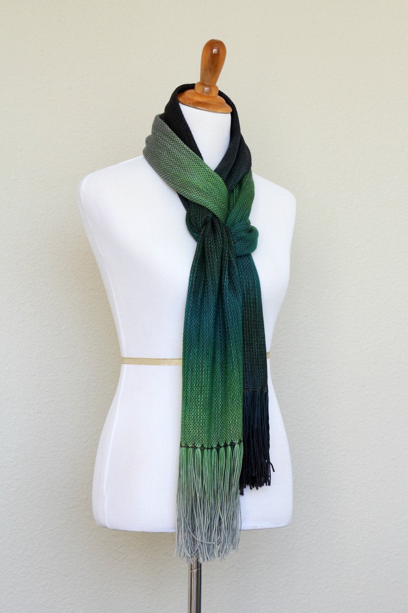 Woven scarf in green and grey colors, woven wrap