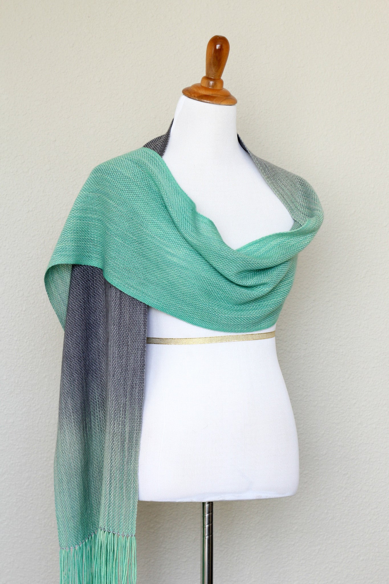 Woven scarf in mint green and grey colors, woven wrap