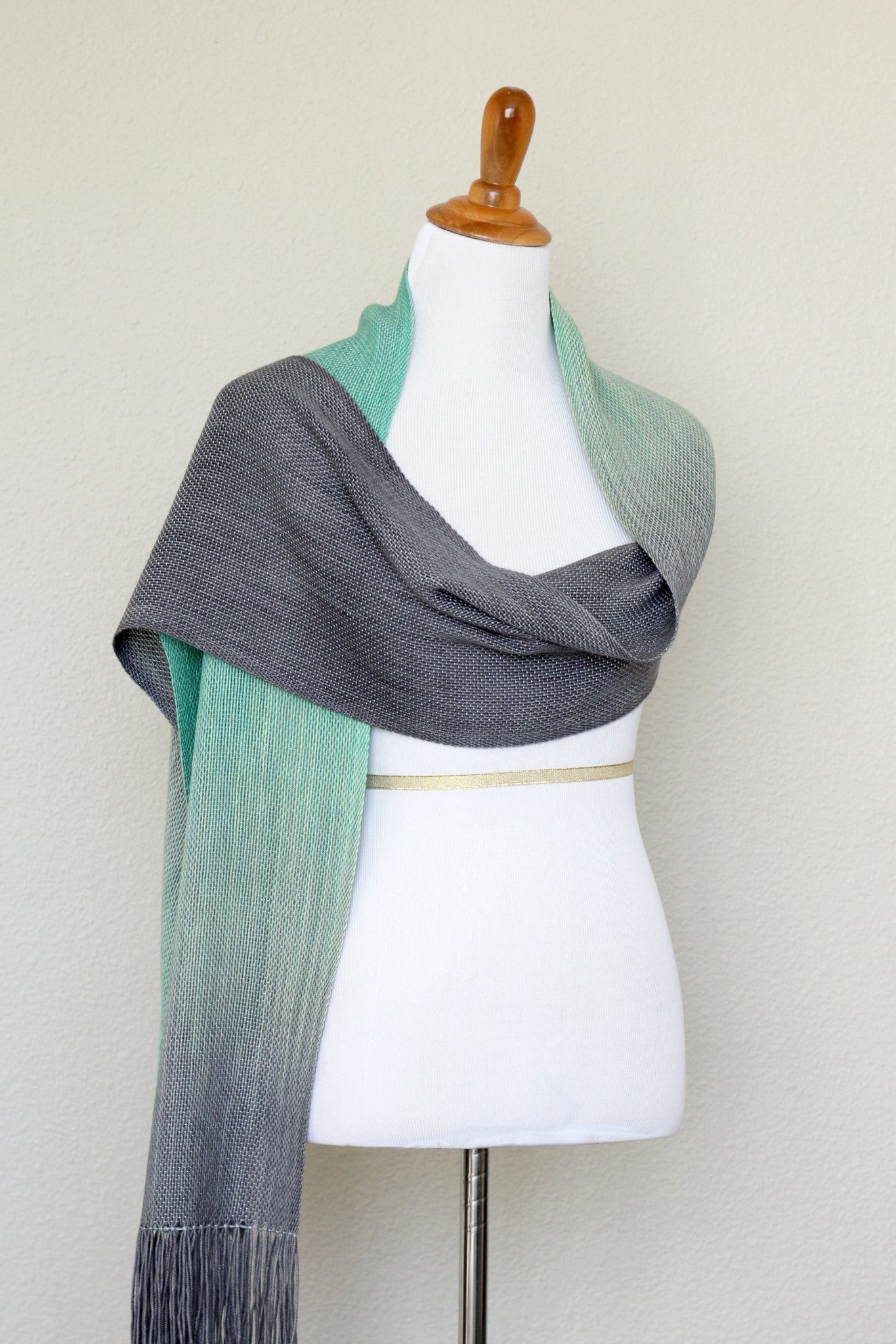 Woven scarf in mint green and grey colors, woven wrap