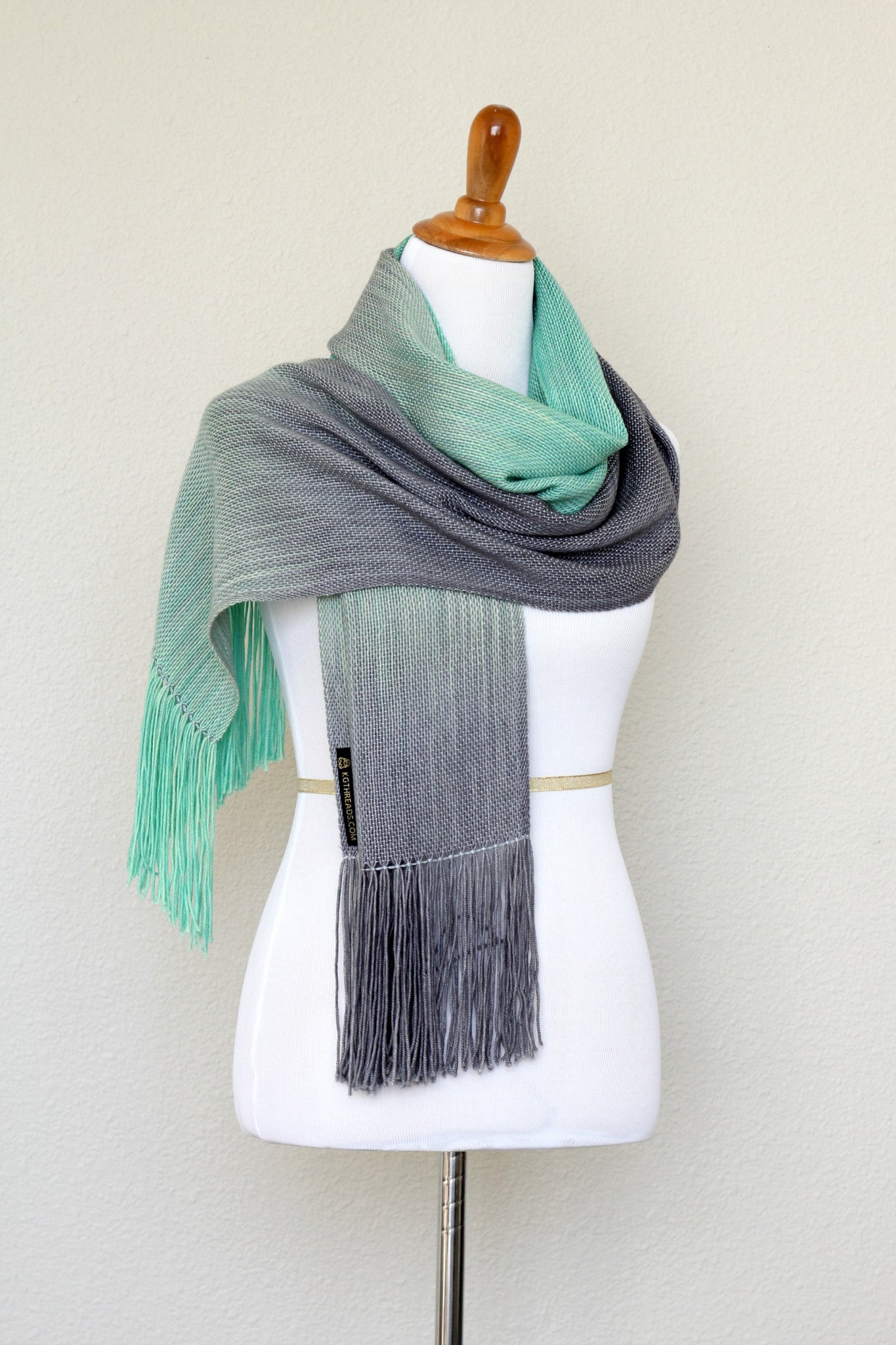 Woven scarf in mint green and grey colors, woven wrap