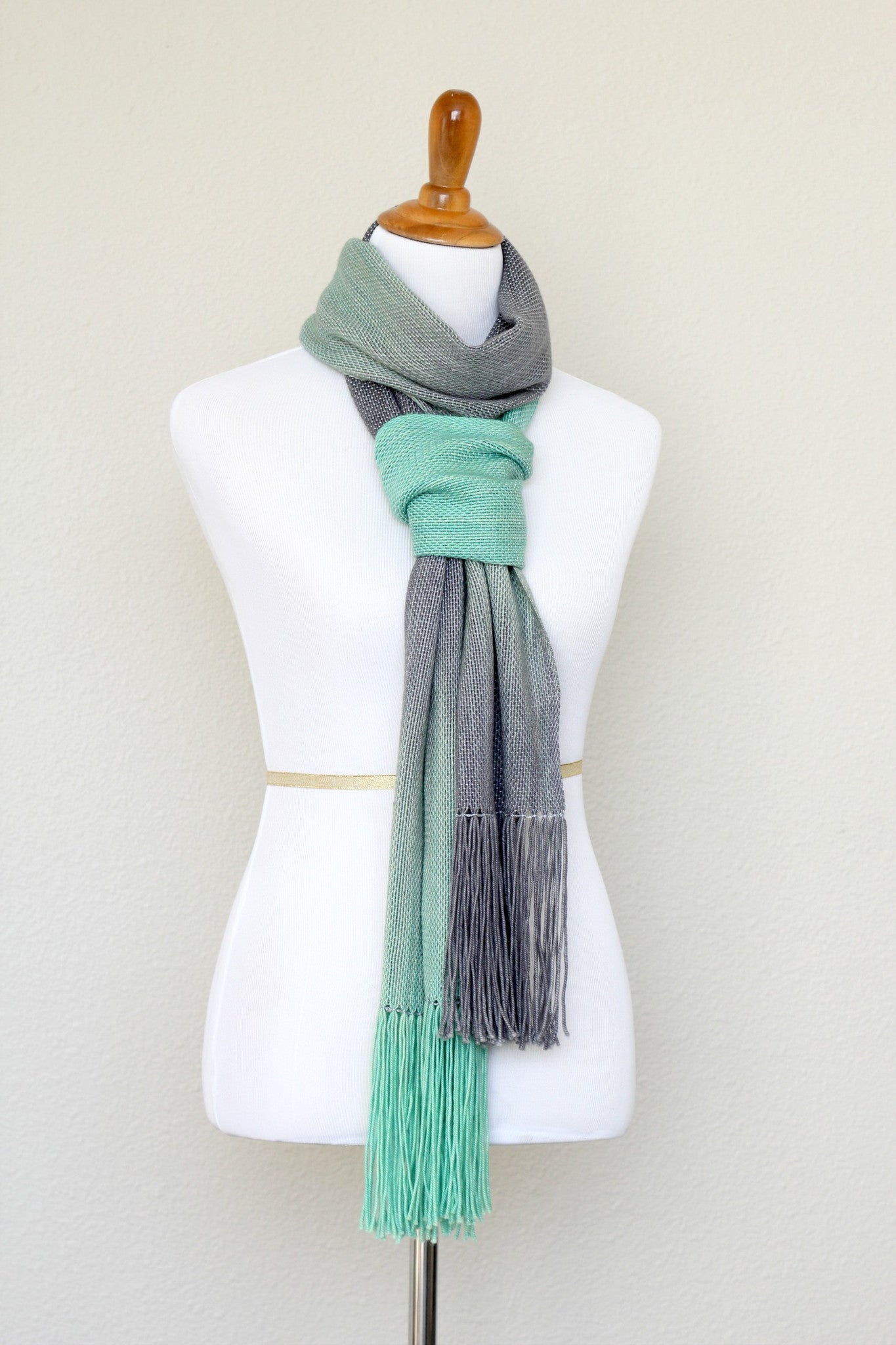 Woven scarf in mint green and grey colors, woven wrap