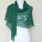 Knit shawl with laced border in forest green color