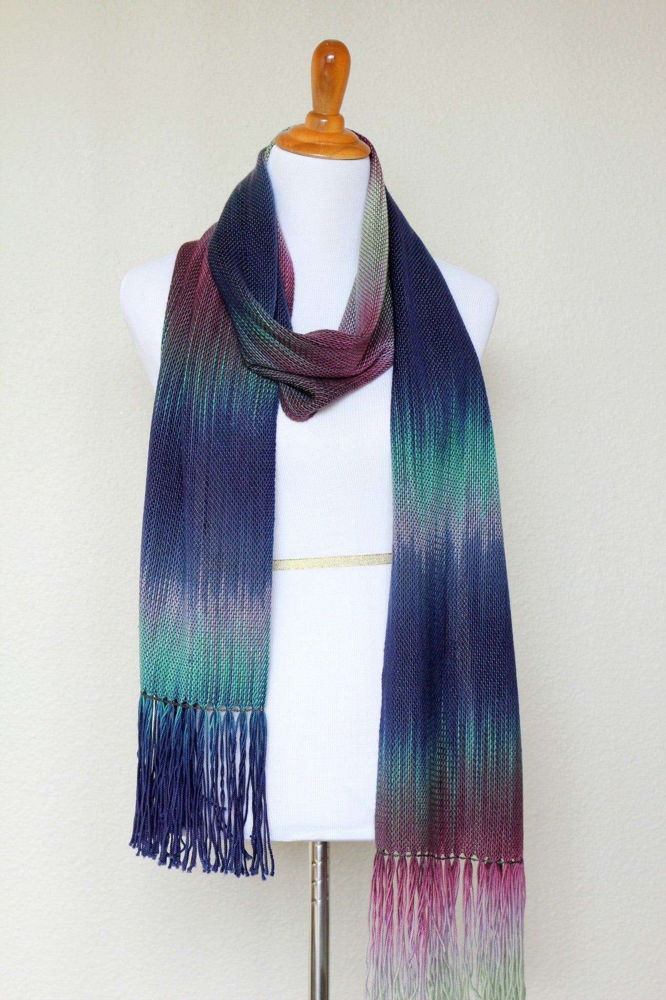 Woven scarf in purple, navy and green colors, gift for her