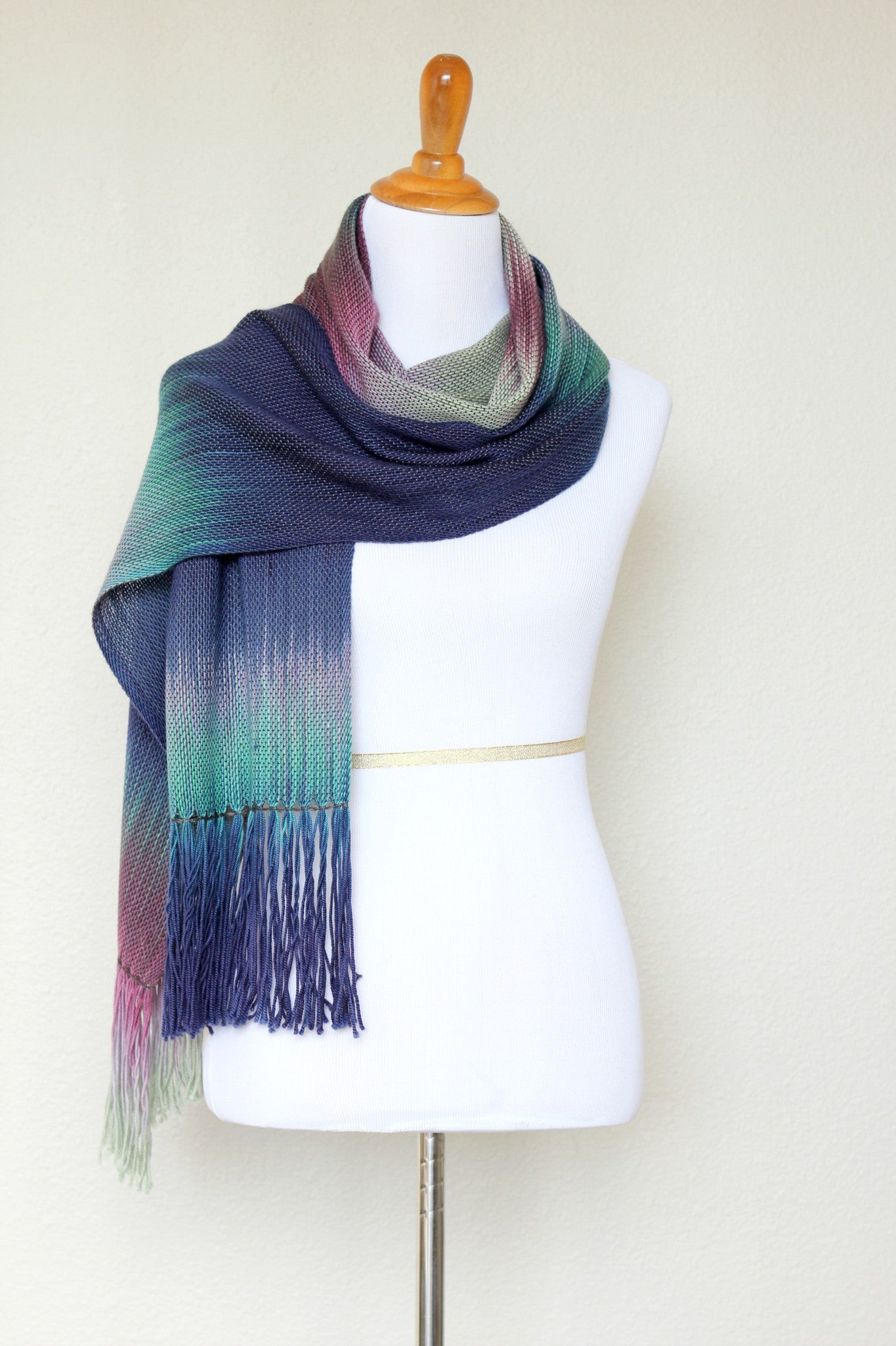 Woven scarf in purple, navy and green colors, gift for her