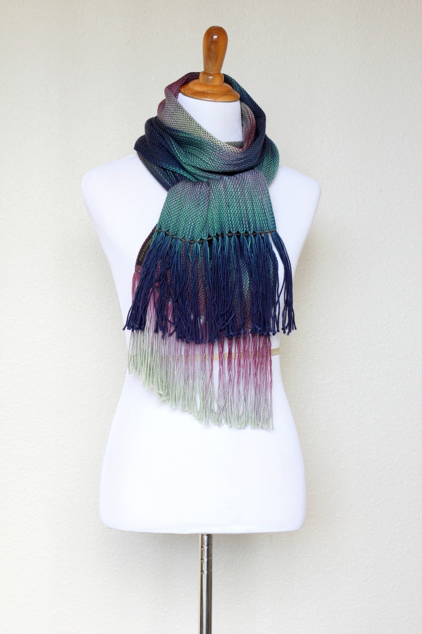 Woven scarf in purple, navy and green colors, gift for her