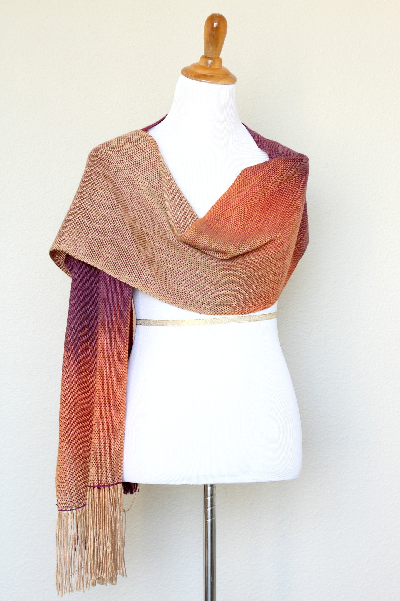Woven scarf in fuchsia, orange and beige colors, gift for her