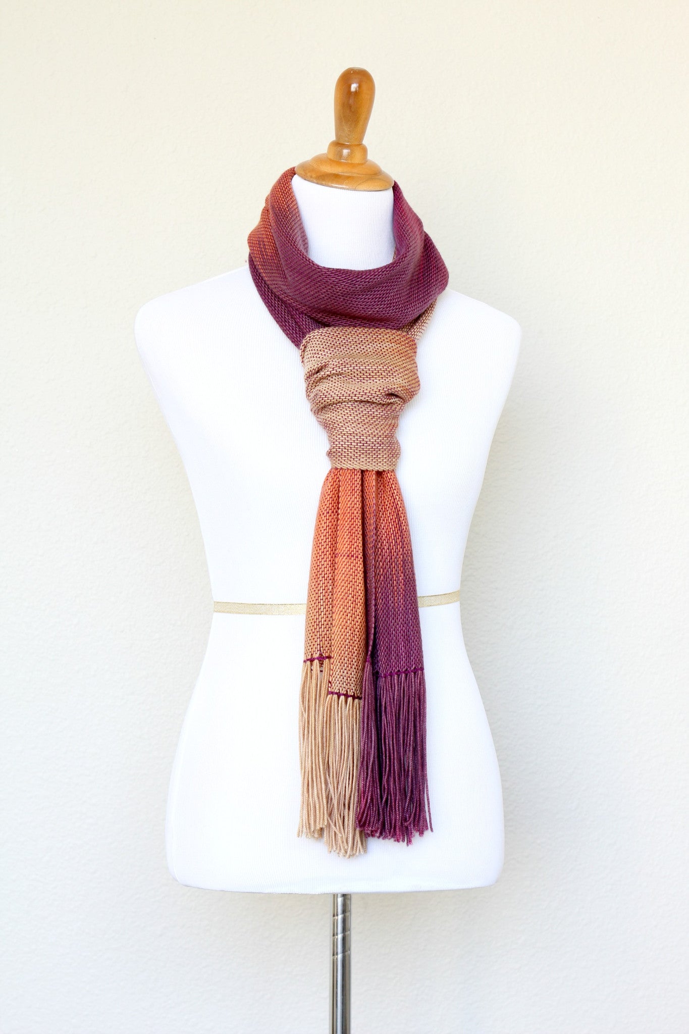 Woven scarf in fuchsia, orange and beige colors, gift for her