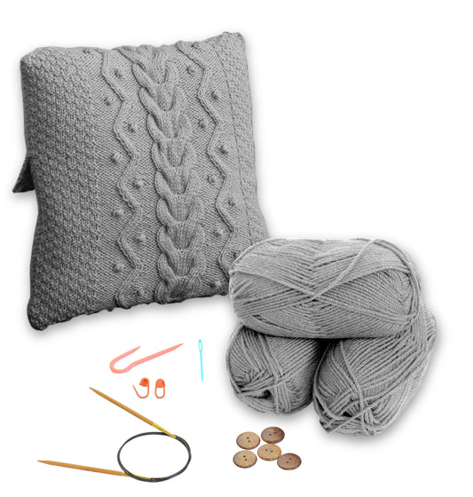 Knit kit, DIY knitting kit for knitted pillow, learn to knit pillowcase knitting tutorial