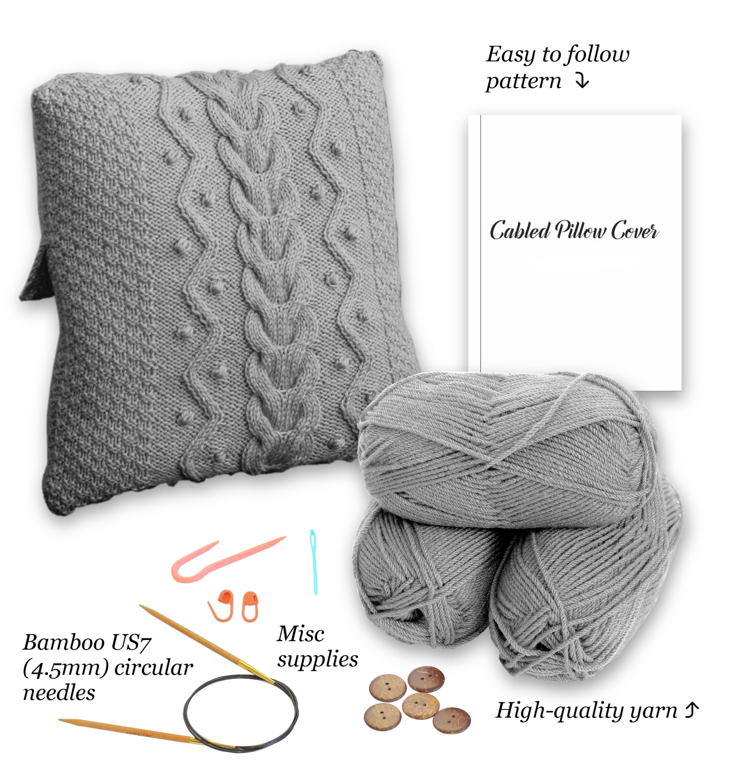 Knit kit, DIY knitting kit for knitted pillow, learn to knit pillowcase knitting tutorial