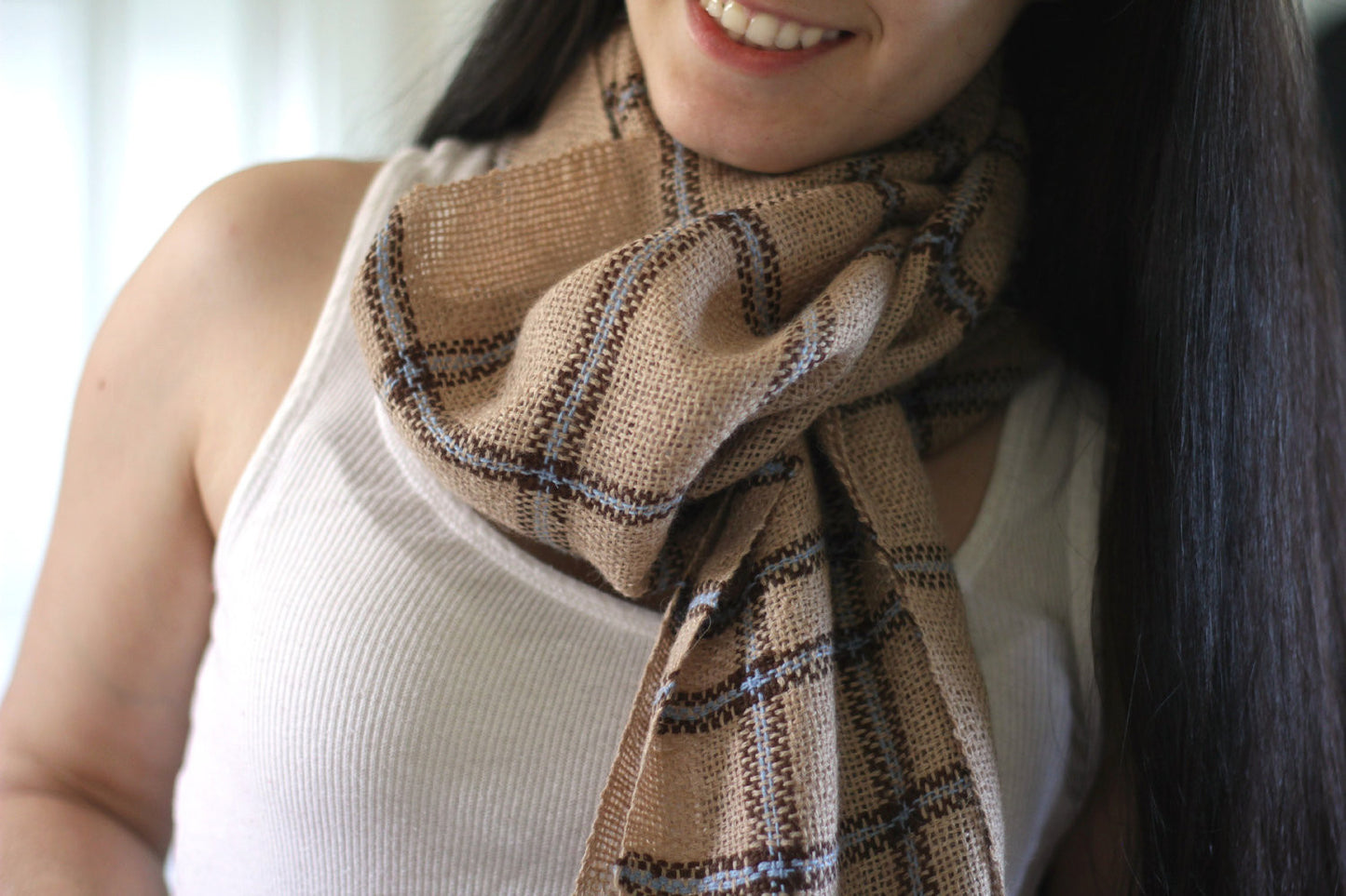 Handwoven scarf in beige and blue colors, unisex