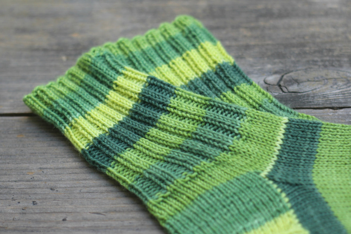 Knit green socks made with striped wool for women - KGThreads