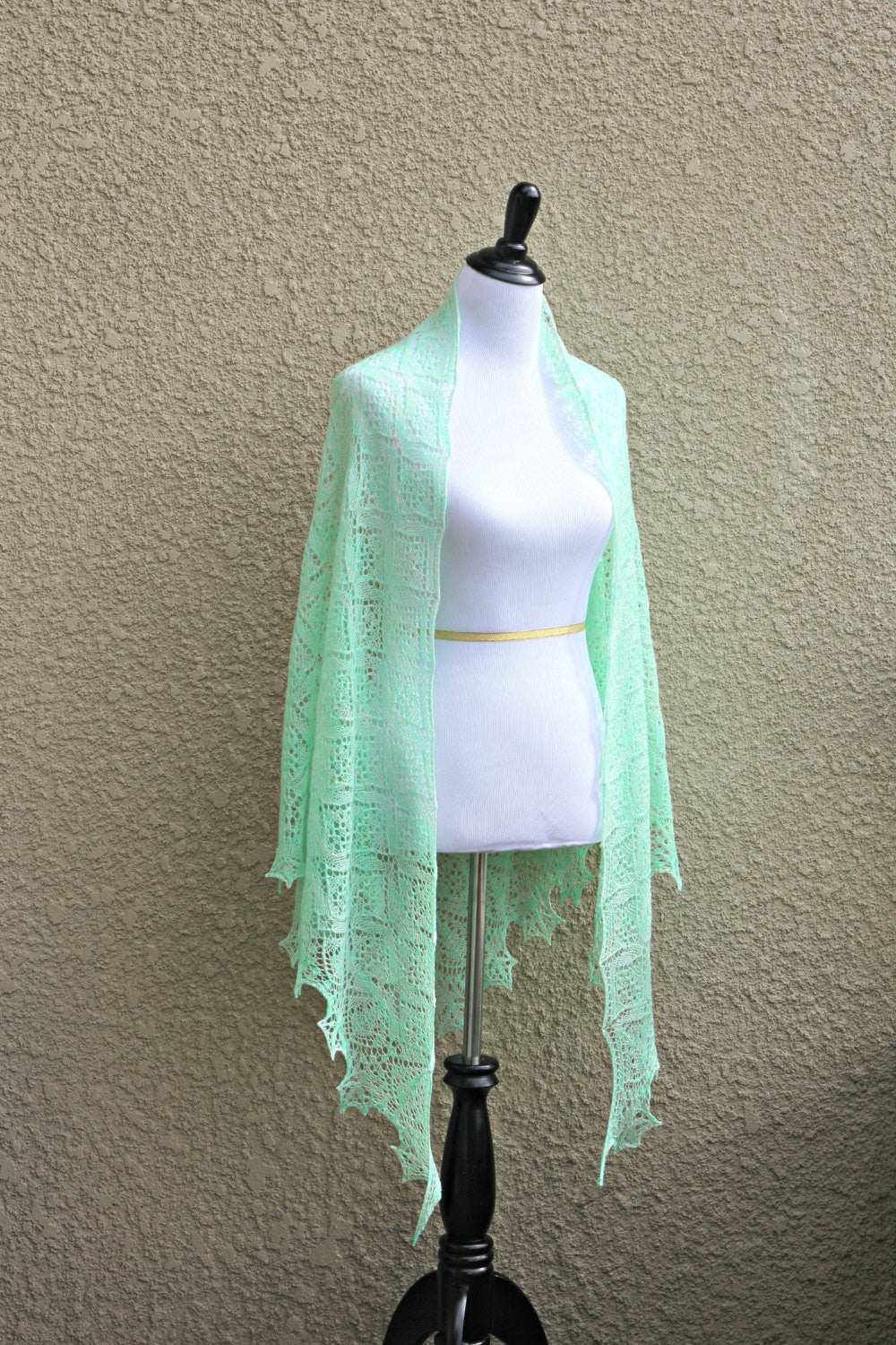 Lace knit shawl in mint color