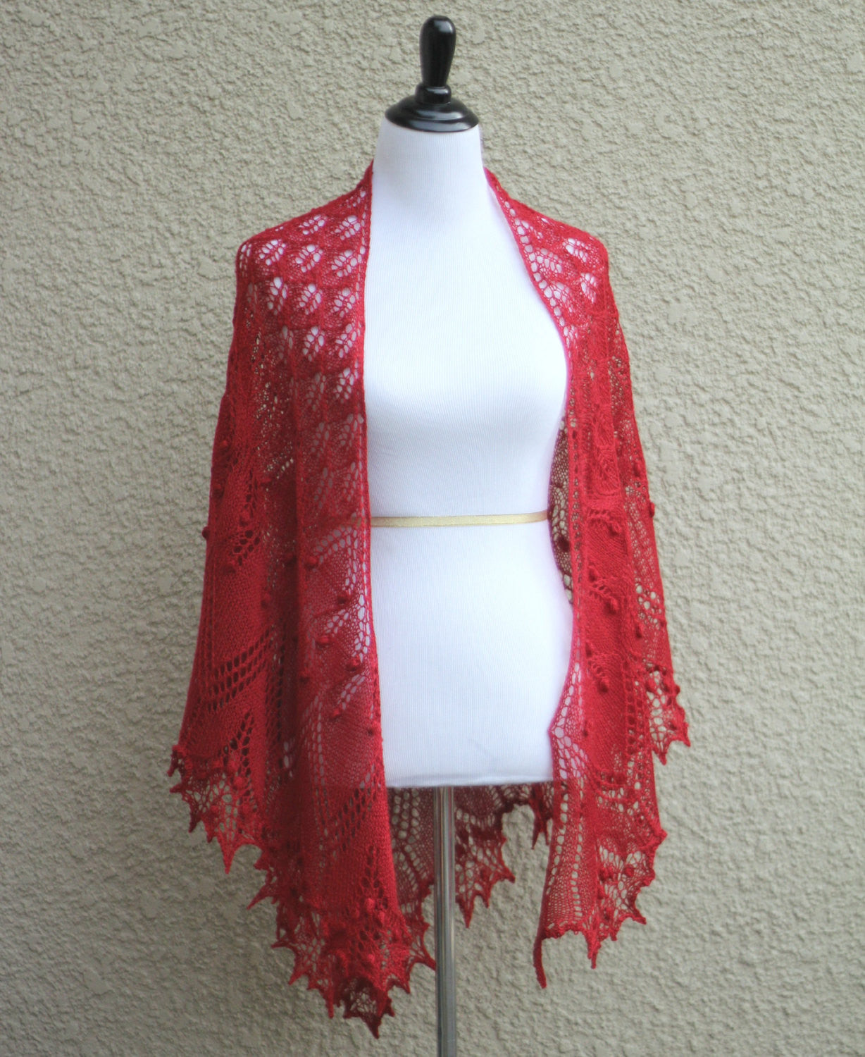 Knit shawl in red color with nupps, lace shawl, gift for her (22 colors available)