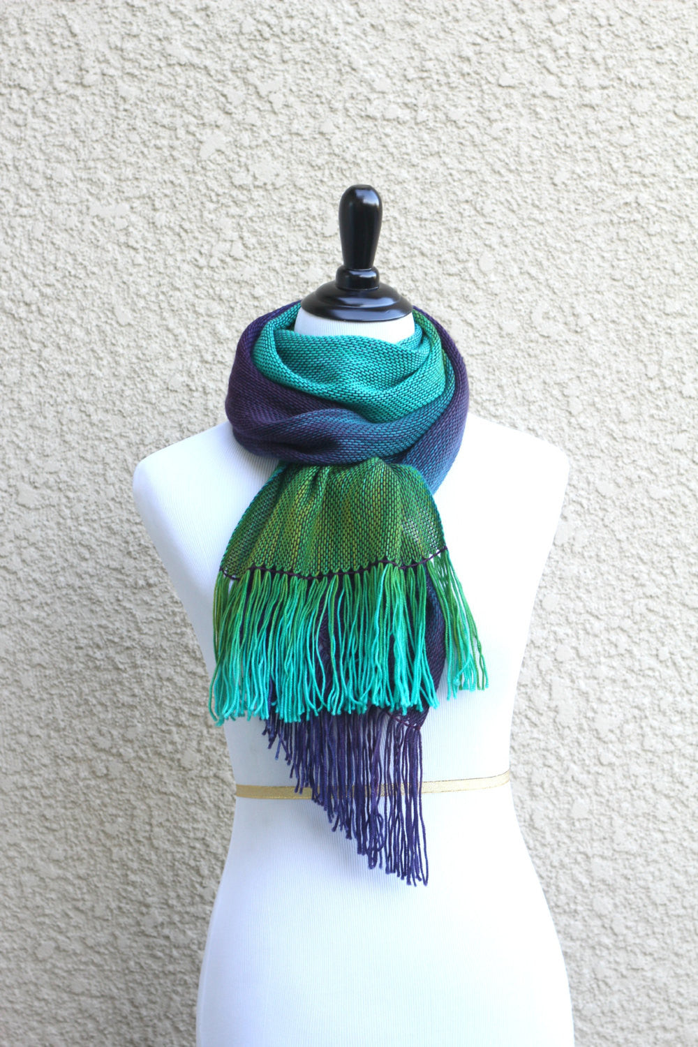 Woven scarf in green and purple colors, peacock scarf