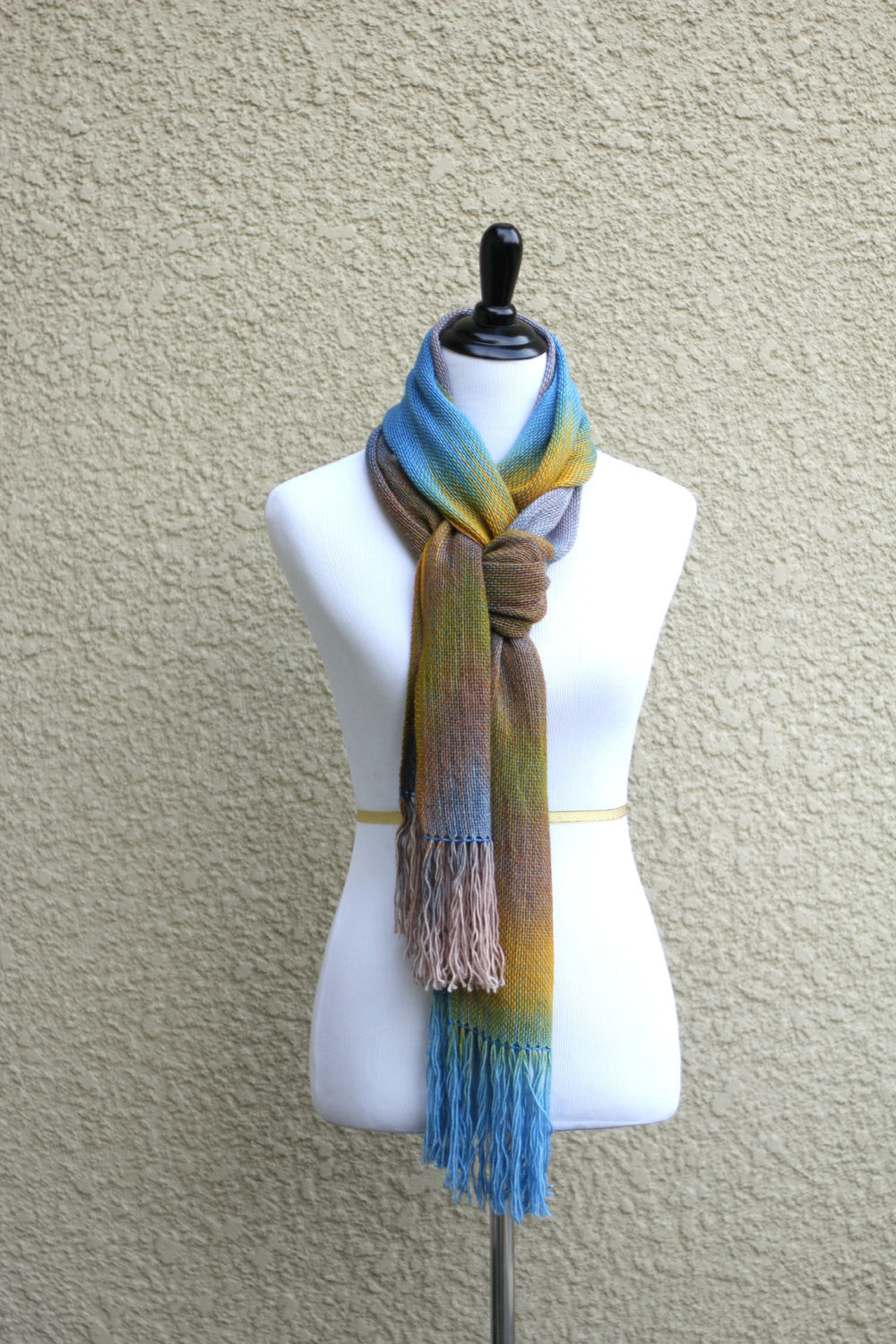 Woven scarf in blue, yellow and beige colors, gift for her