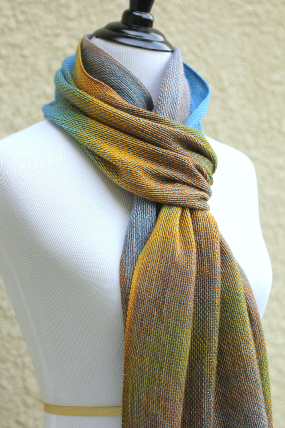 Woven scarf in blue, yellow and beige colors, gift for her